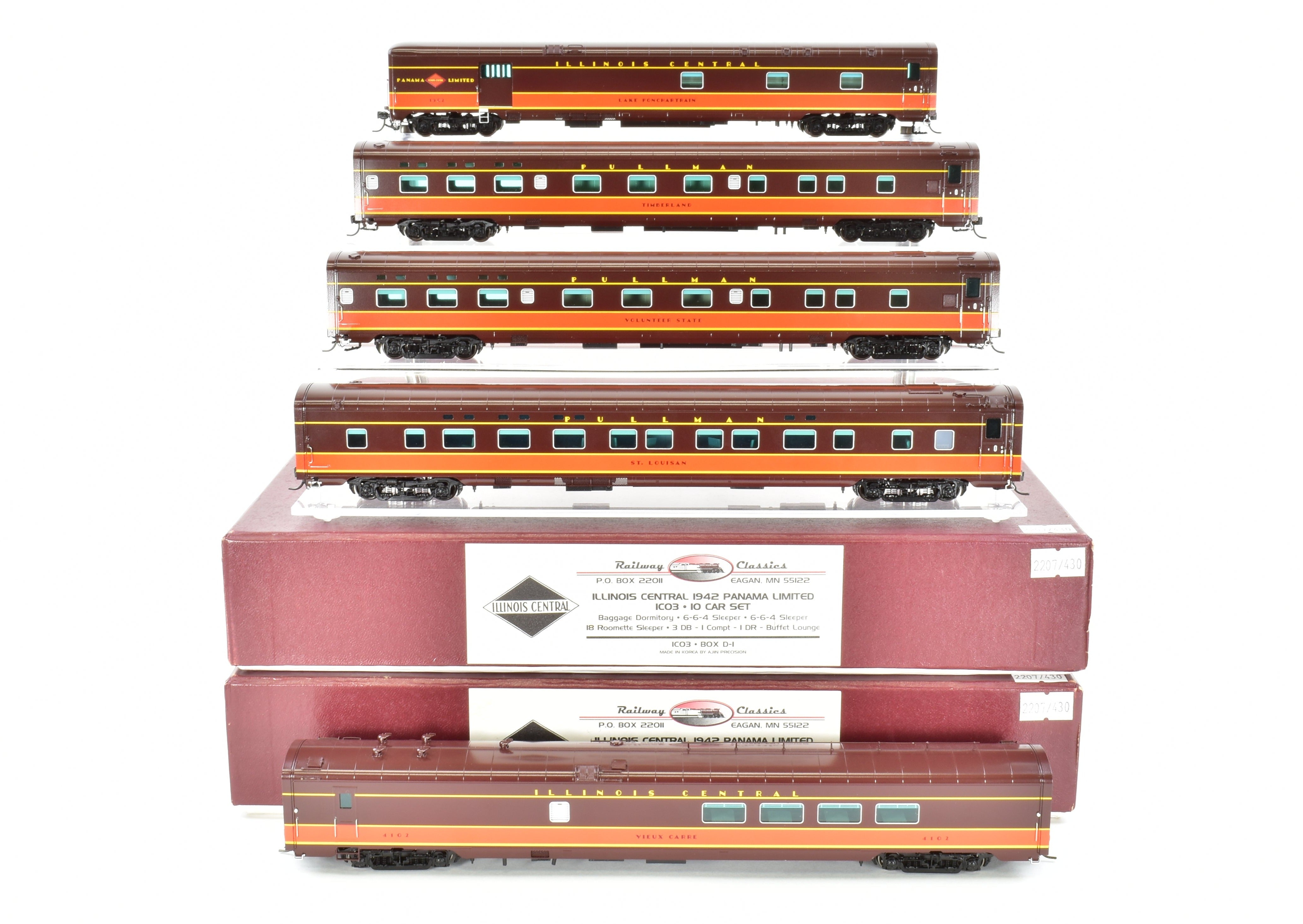 HO Scale Brass Model Train Set - Railway Classics Illinois Central 1942 Panama Limited 10-Car Set with EMD E6 AA Set F/P, Featuring ESU DCC & Sound System