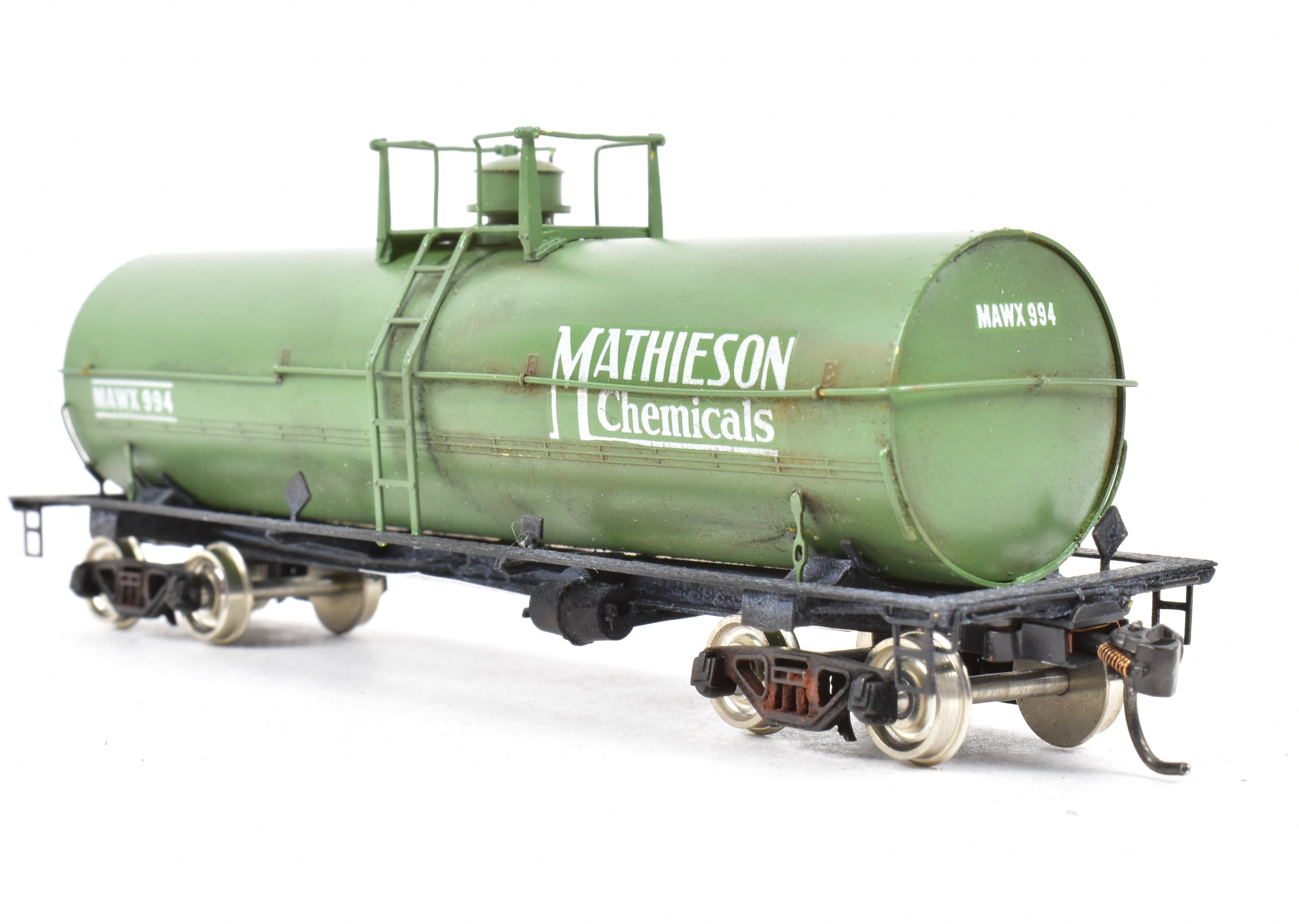 HO Scale Brass Precision Scale Co. 12,000 Gallon Tank Car Model Painted in Green with Mathieson Chemicals Decals