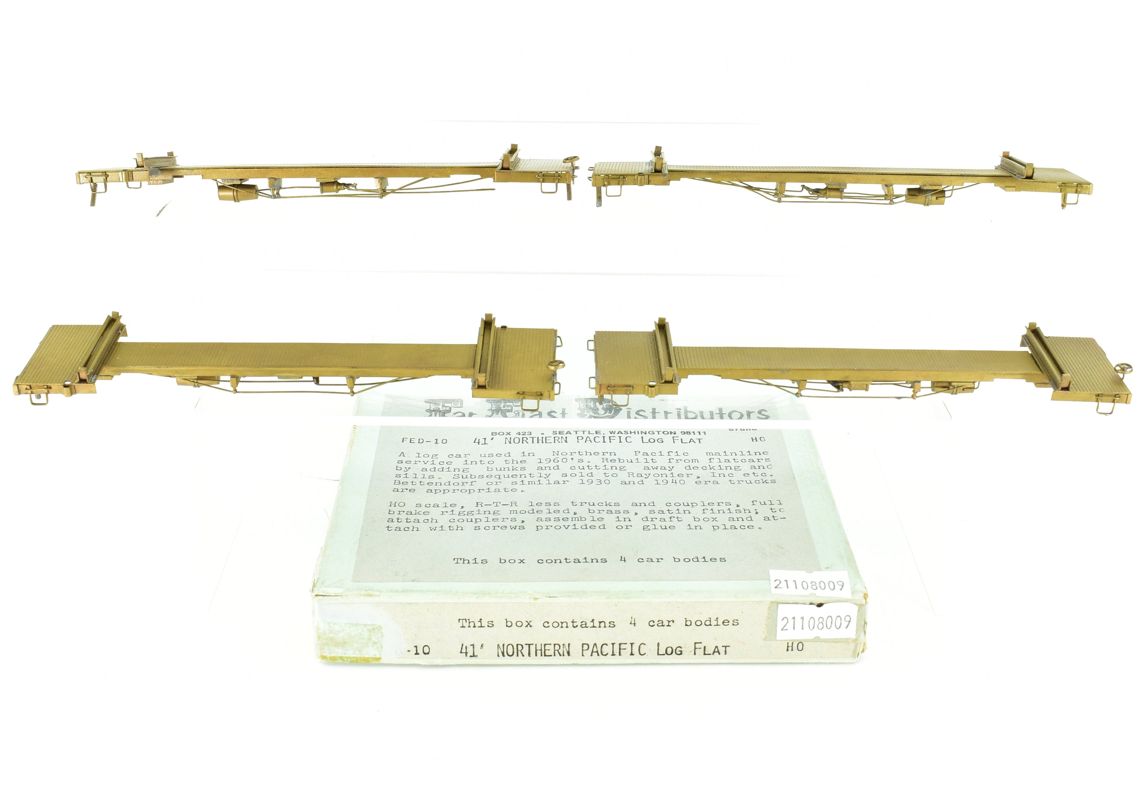 HO Brass 41' Log Cars 4-Pack by Far East Distributors, No Trucks