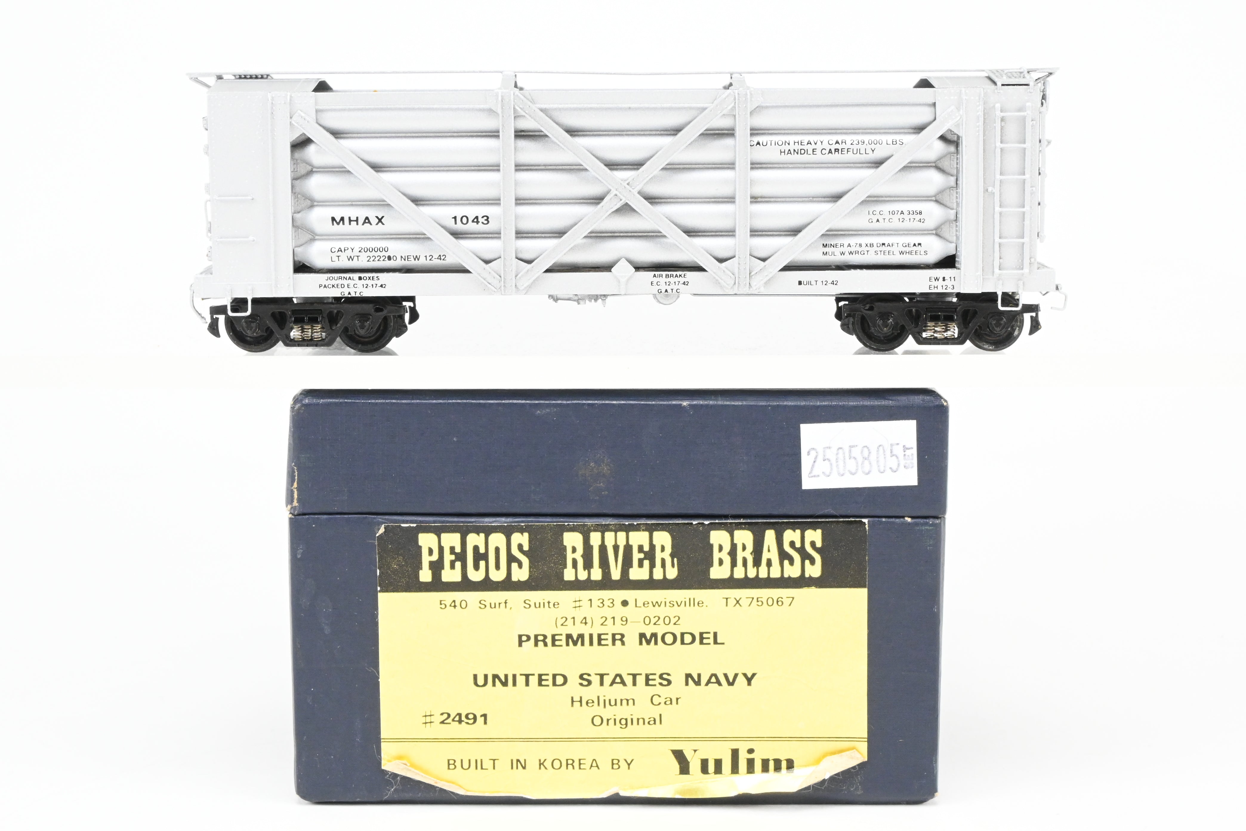 HO Scale Brass Model of United States Navy Helium Car - Pecos River Brass Premier Model USNX (Original Version) with Helium Tanks, FP No. 1043