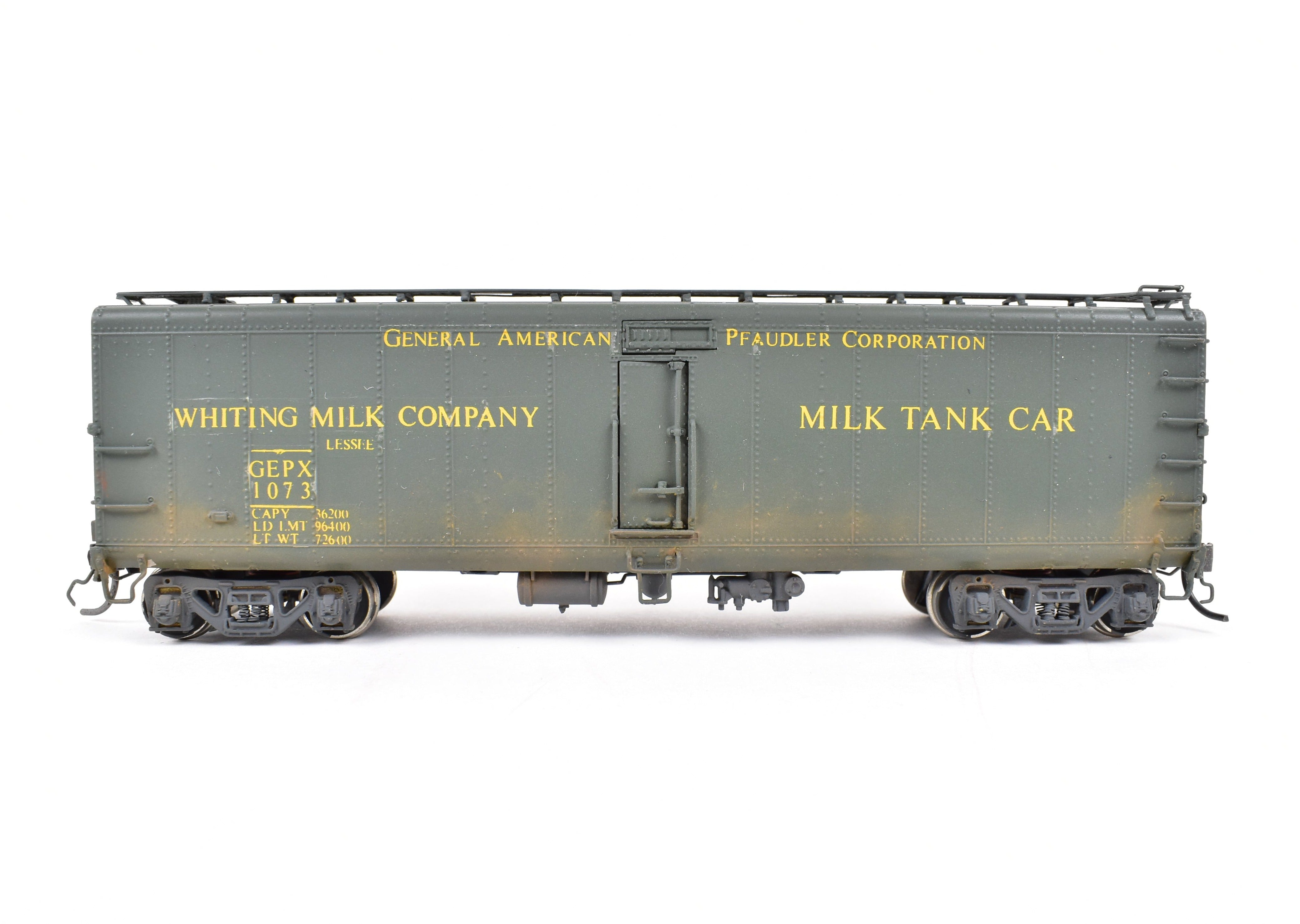 HO Scale Brass Milk Tank Car Model by Overland Models, Inc. (OMI) - Various Roads 40'6 GPEX 1073 Pfaudler, Lighted and Weathered for Realistic Display