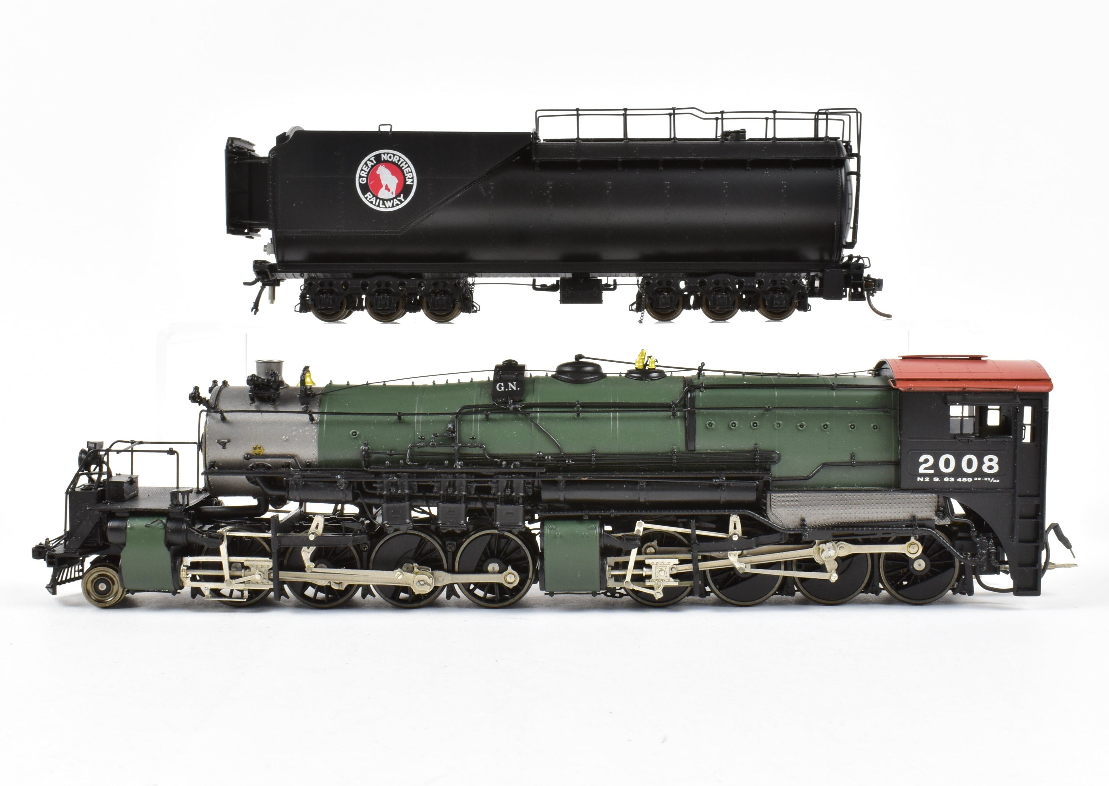 HO Scale Brass Model Train - Precision Scale Co. (PSC) Great Northern Class N - 2 2 - 8 - 8 - 0 Locomotive with Vestibule Cab in Glacier Park Painting Scheme
