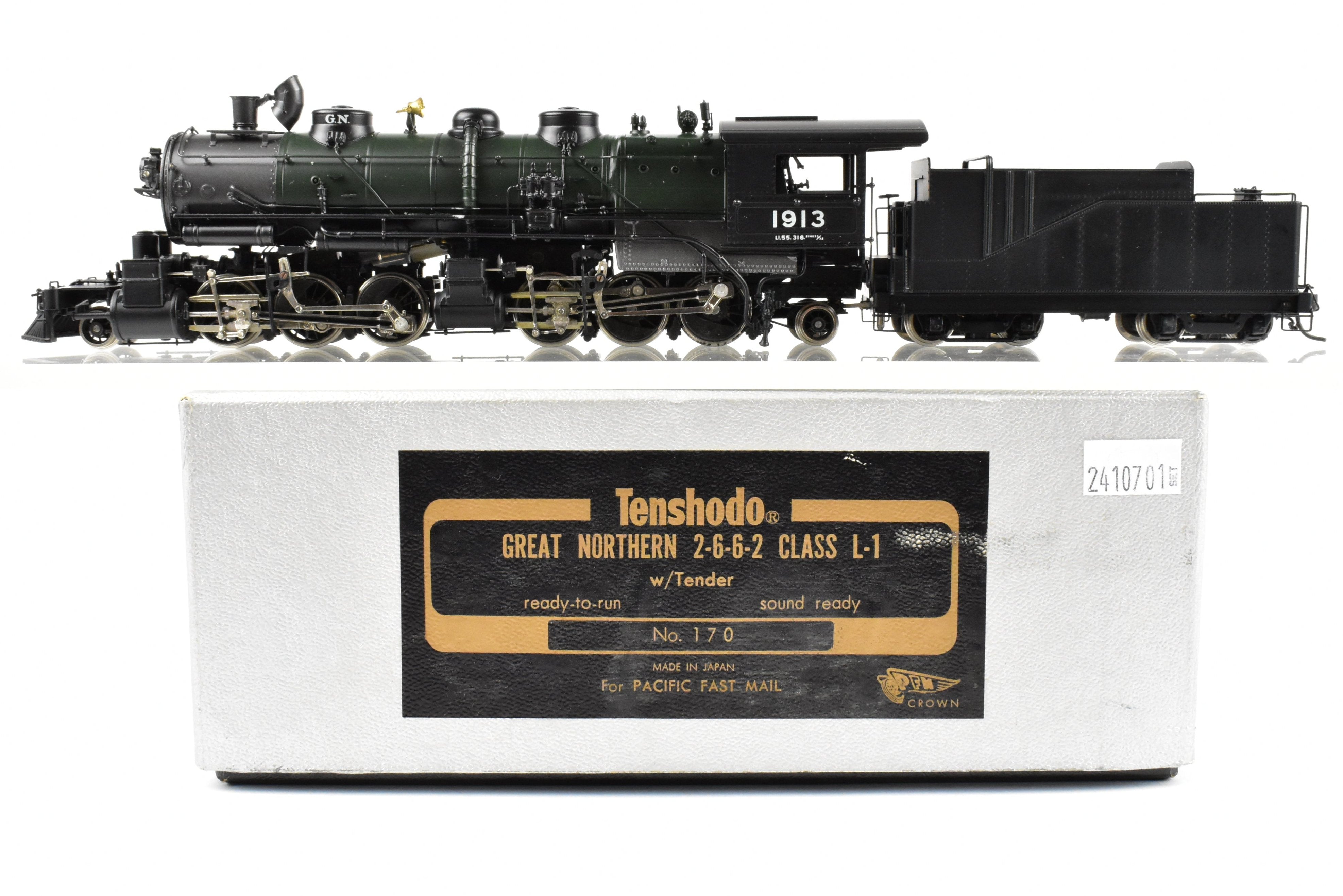 HO Scale Brass Model Train - Tenshodo Great Northern 2-6-6-2 Class L-1 Factory Painted Locomotive #1913 with Crown Design