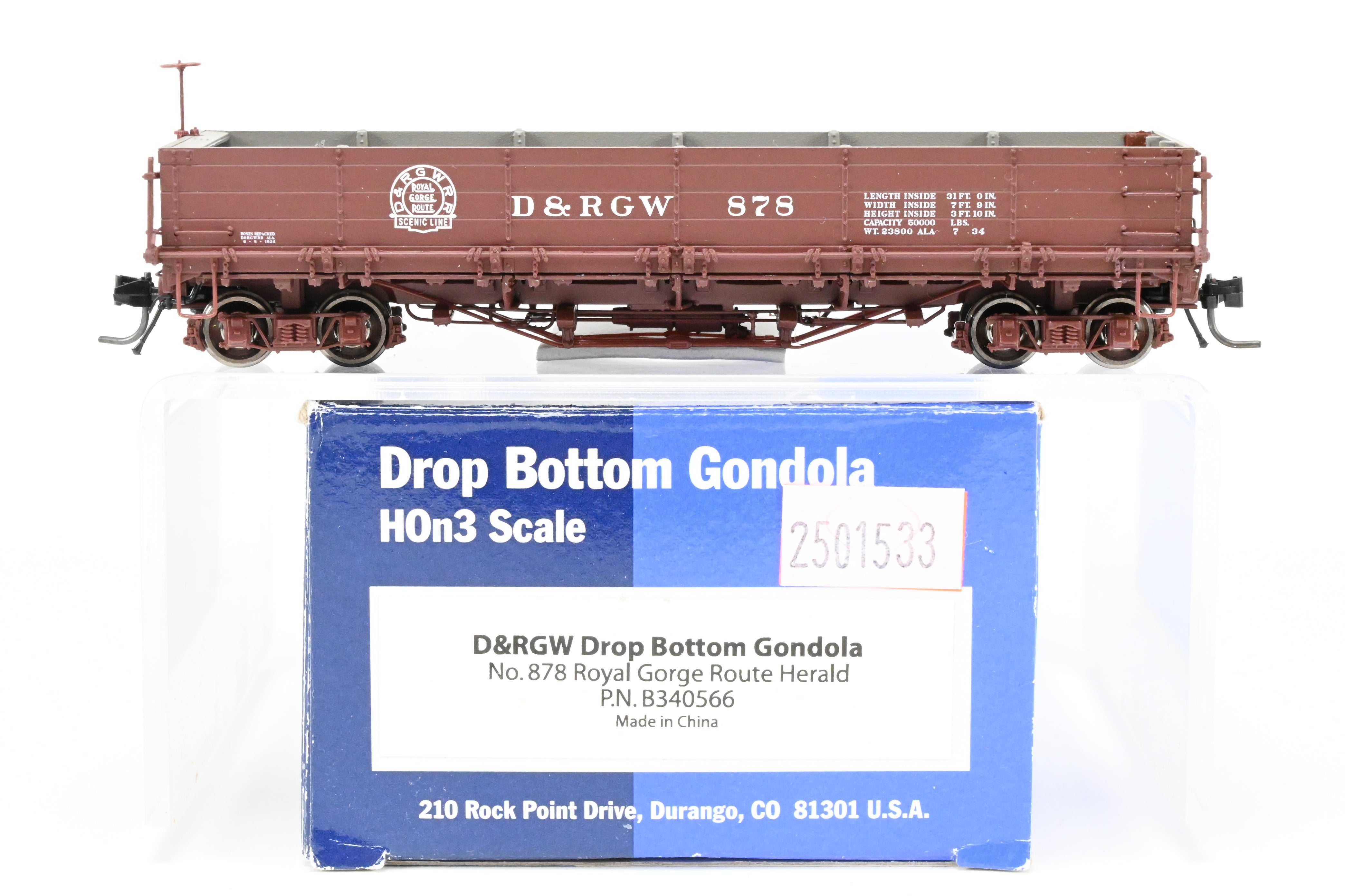 HOn3 Blackstone Models D&RGW - Denver & Rio Grande Western Brown Drop - Bottom Gondola No. 878