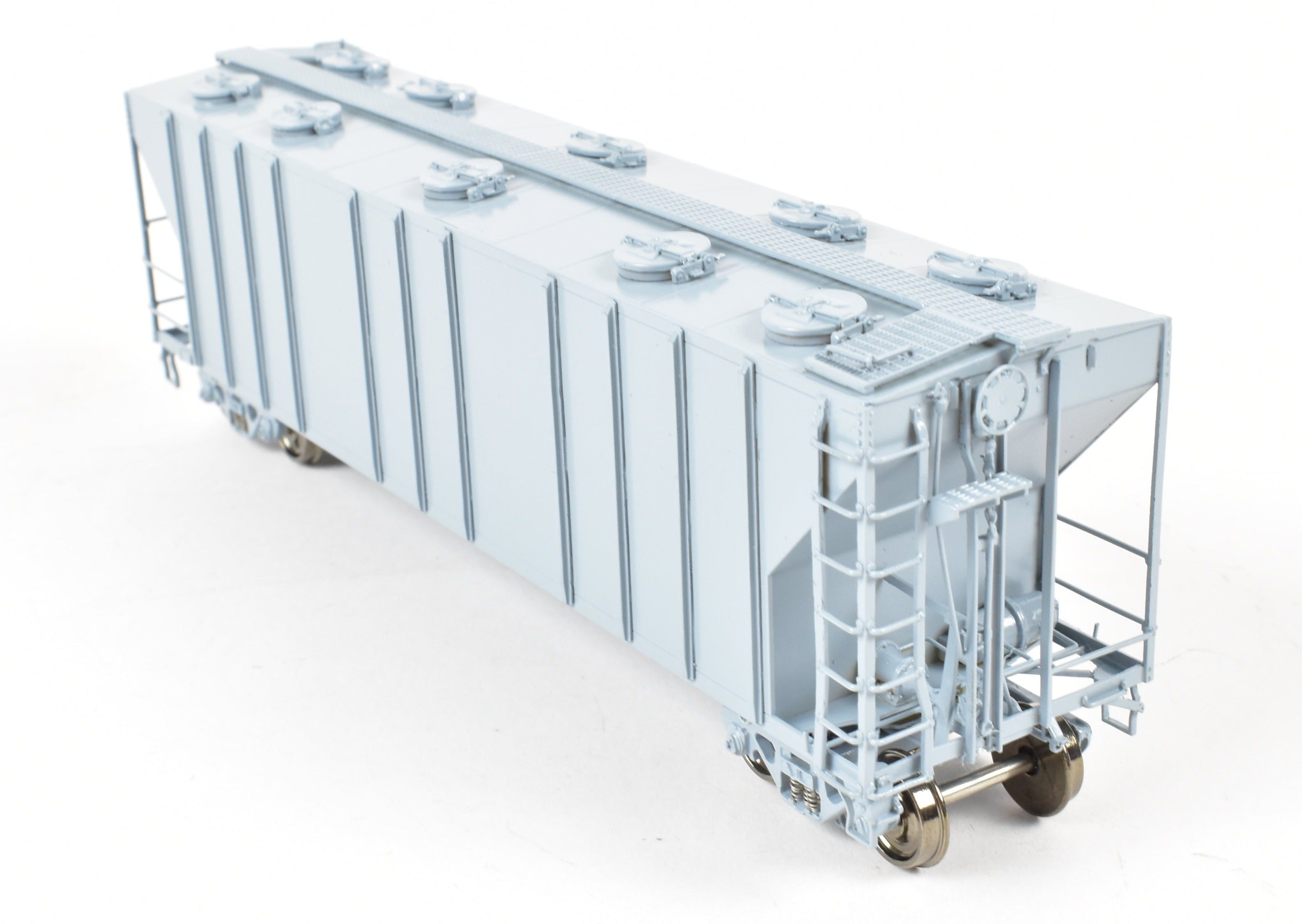 HO Scale Brass PS - 2 Central Discharge Covered Hopper Car Model by Overland Models, Inc. (OMI) in Various Roads, Factory - Painted Scalecoat #20 Grey and Unlettered