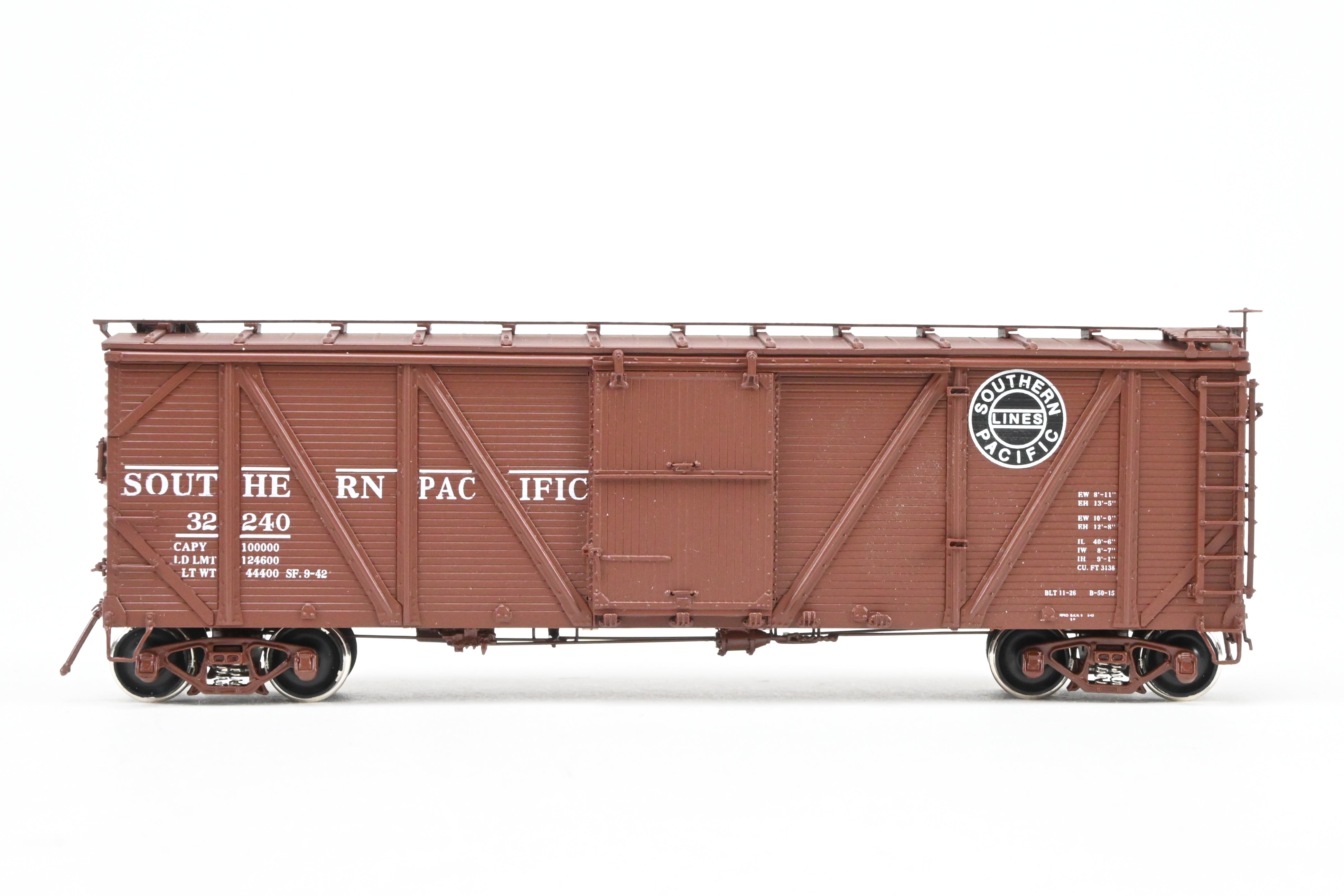 HO Scale Brass Challenger Imports Southern Pacific Class B - 50 - 15 Outside Braced Wood - Sheathed Box Car with Hutchins Roof, Model Number FP #32240