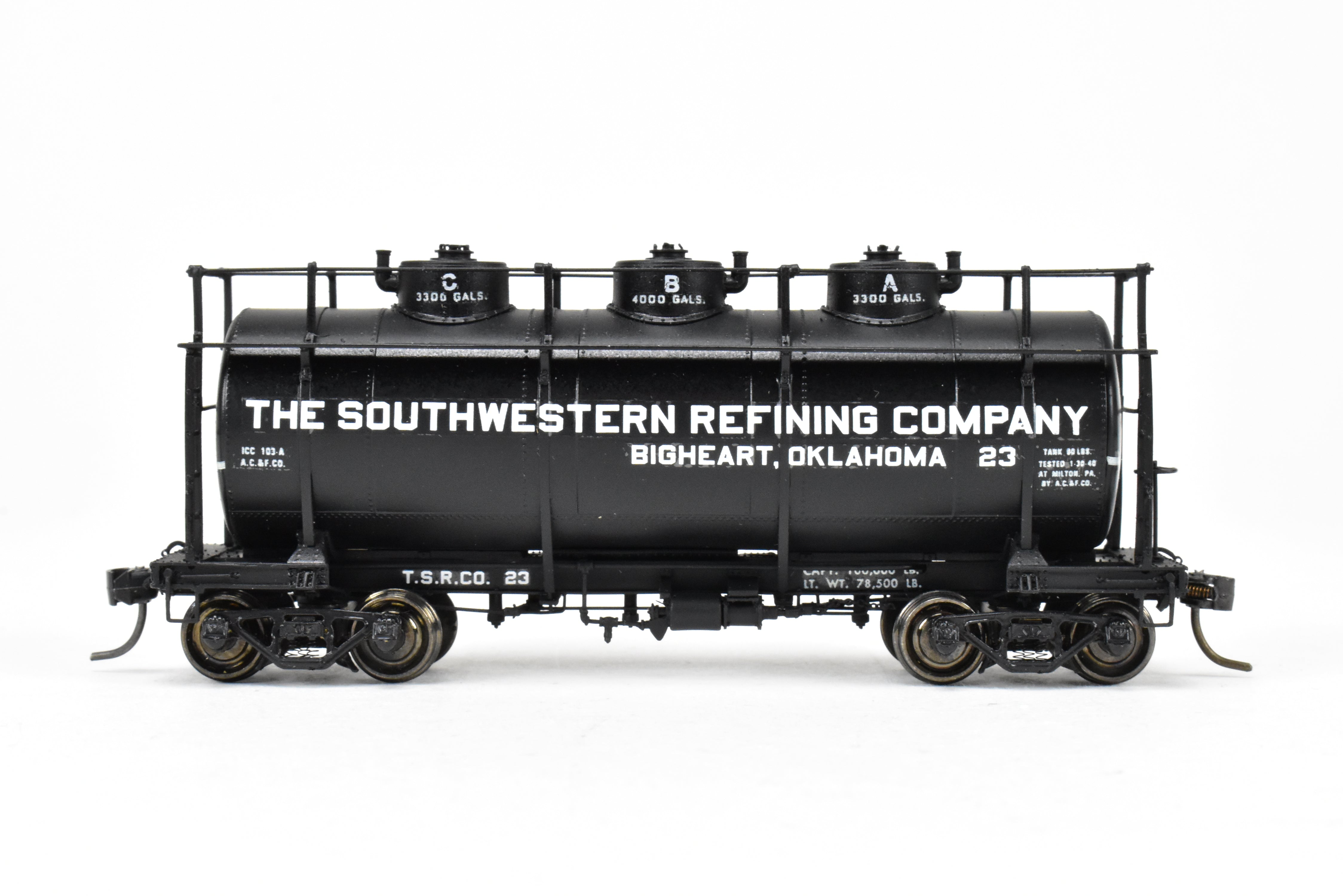 HO Scale Brass Model Train - W&R Enterprises Various Roads AC&F 10,000 GAL 3 - Dome Tank Car Featuring High Walkway and Custom Paint by The Southwestern Refining Company