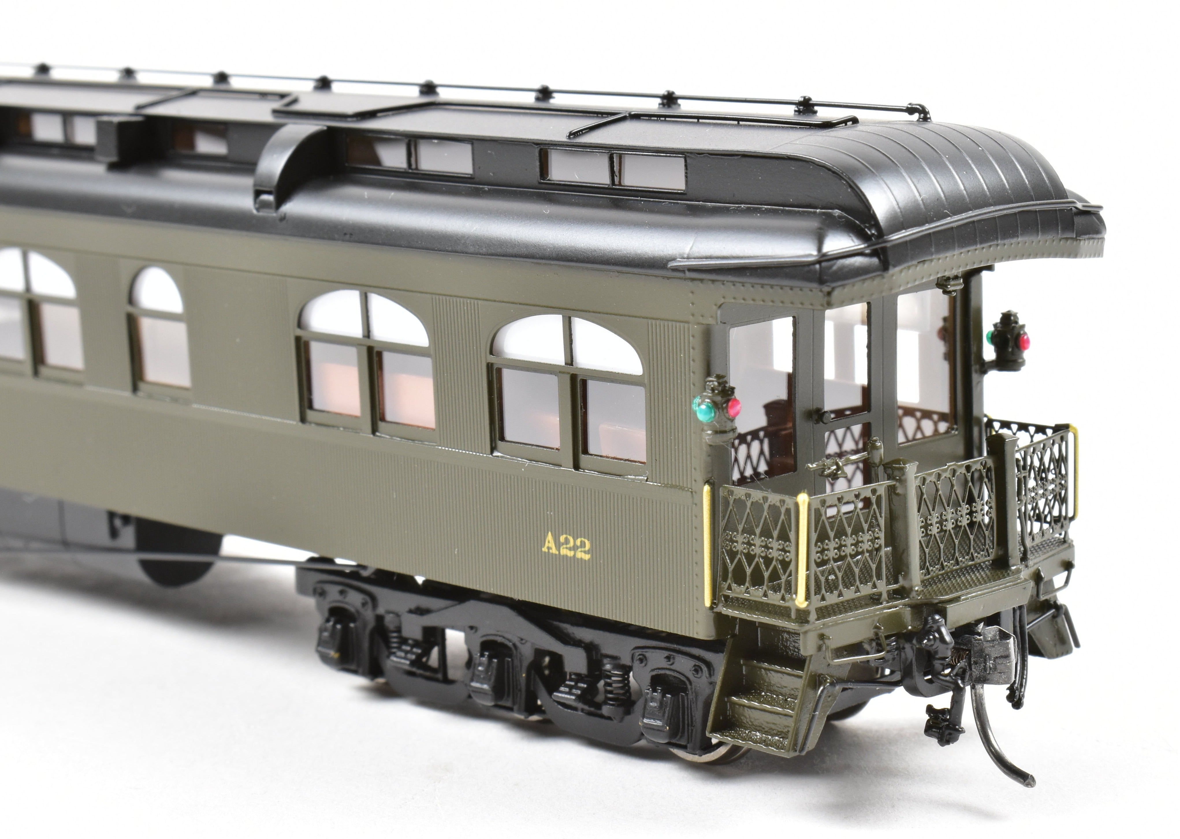 High - Quality HO Scale New Brass Model of North Bank Line (NBL) and Great Northern (GN) A22 Business Car with Wood Sides in Pullman Green for Model Train Enthusiasts