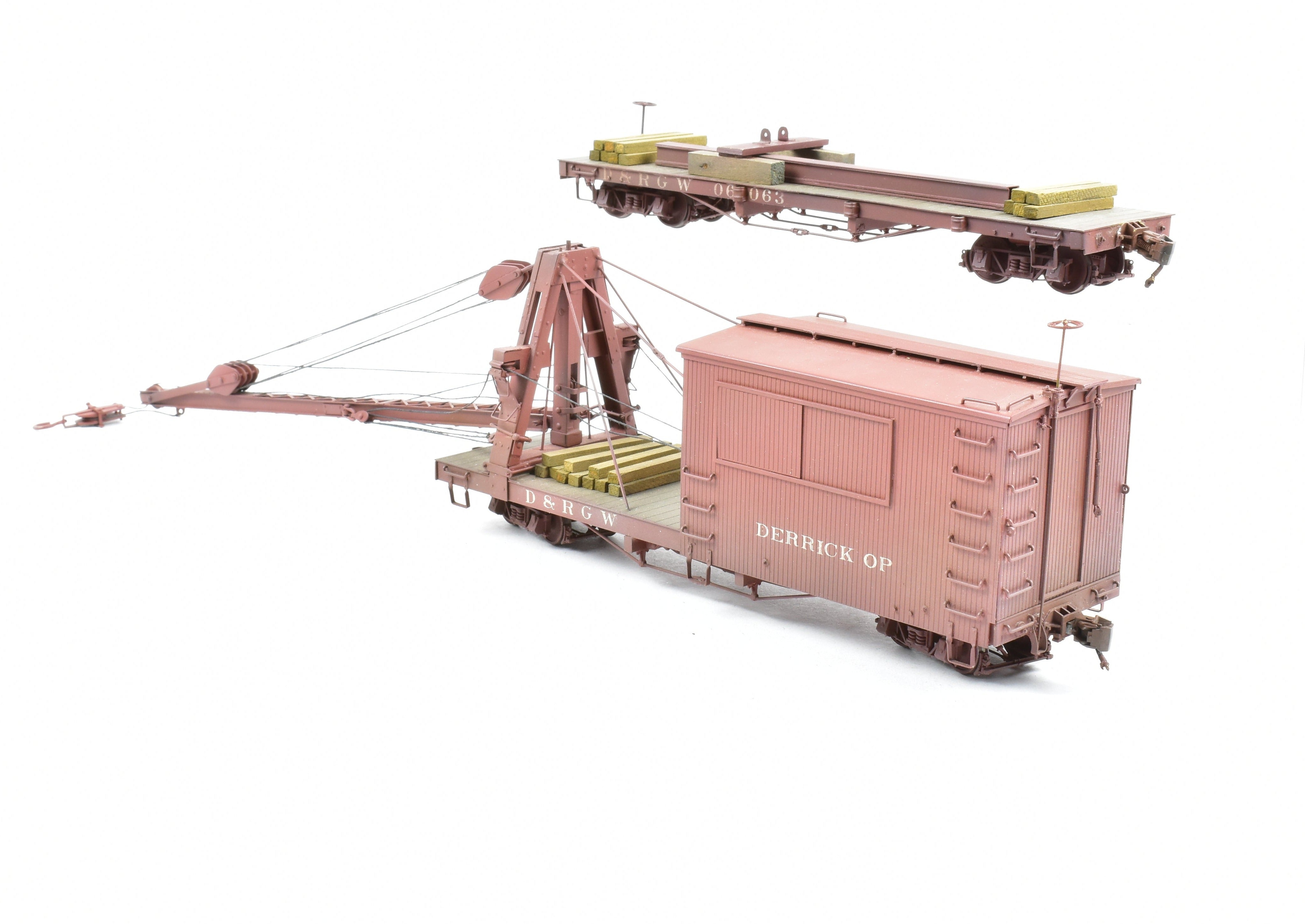 Custom Painted On3 Brass Model of D&RGW - Denver & Rio Grande Western Derrick OP with Idler Car by Westside Model Co.