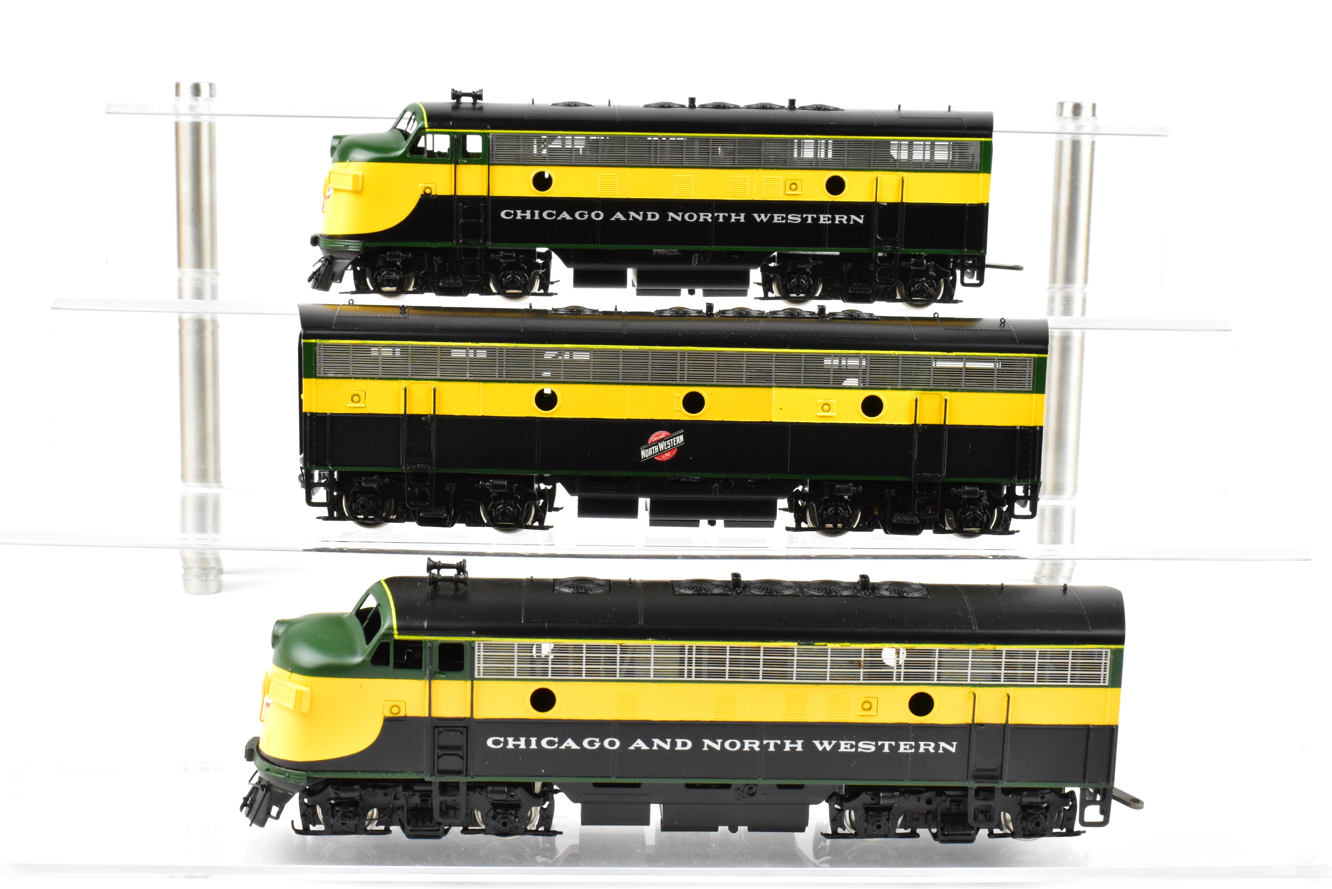 High - Quality HO Scale Brass Model Train Set - Chicago and Northwestern EMD F7A/F7B/F7A Phase I 1500 HP 3 - Unit Set in Freight Scheme by Oriental Limited