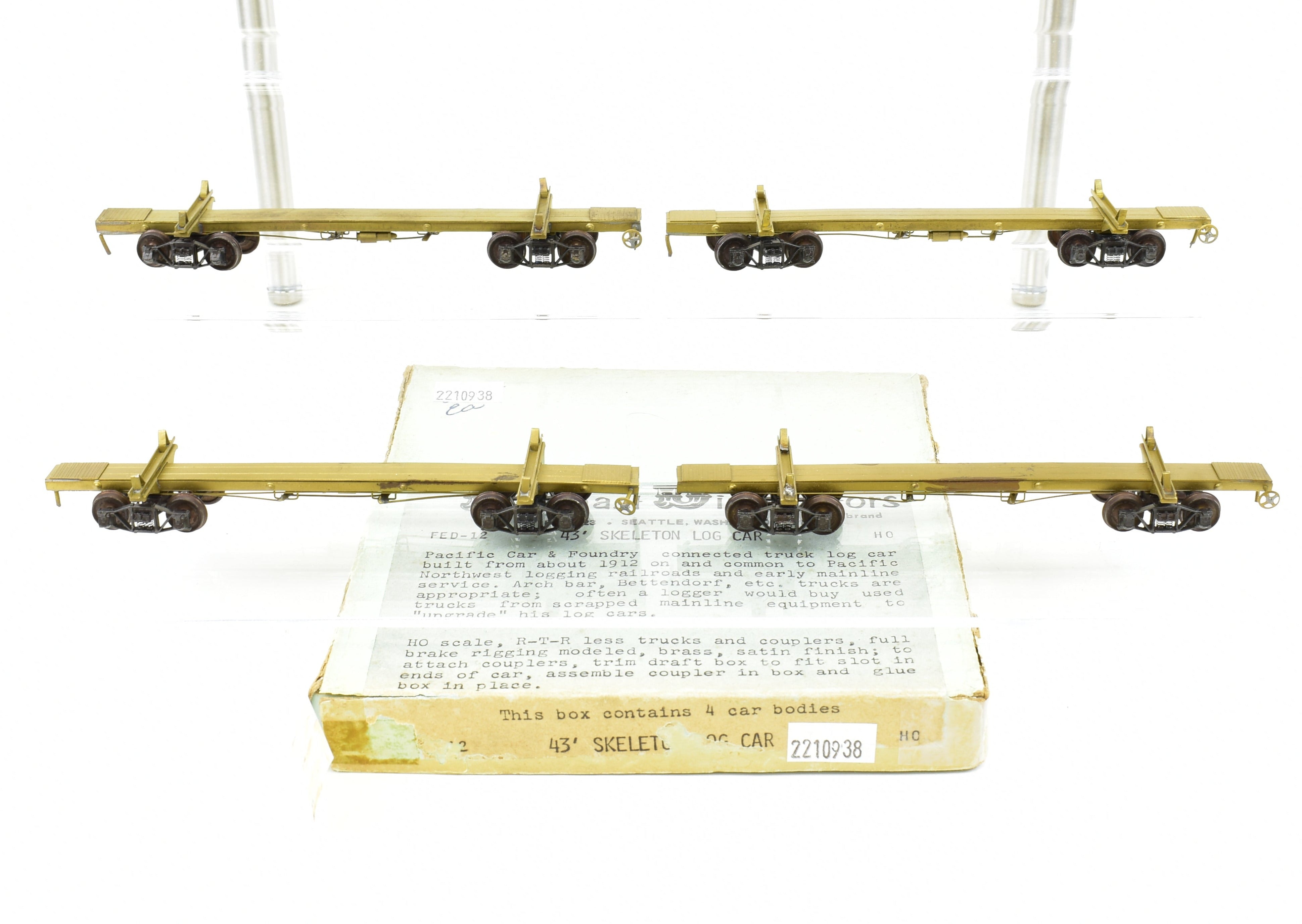 HO Brass 43' Skeleton Log Cars 4-Pack by Far East Distributors with Kadee Trucks #1
