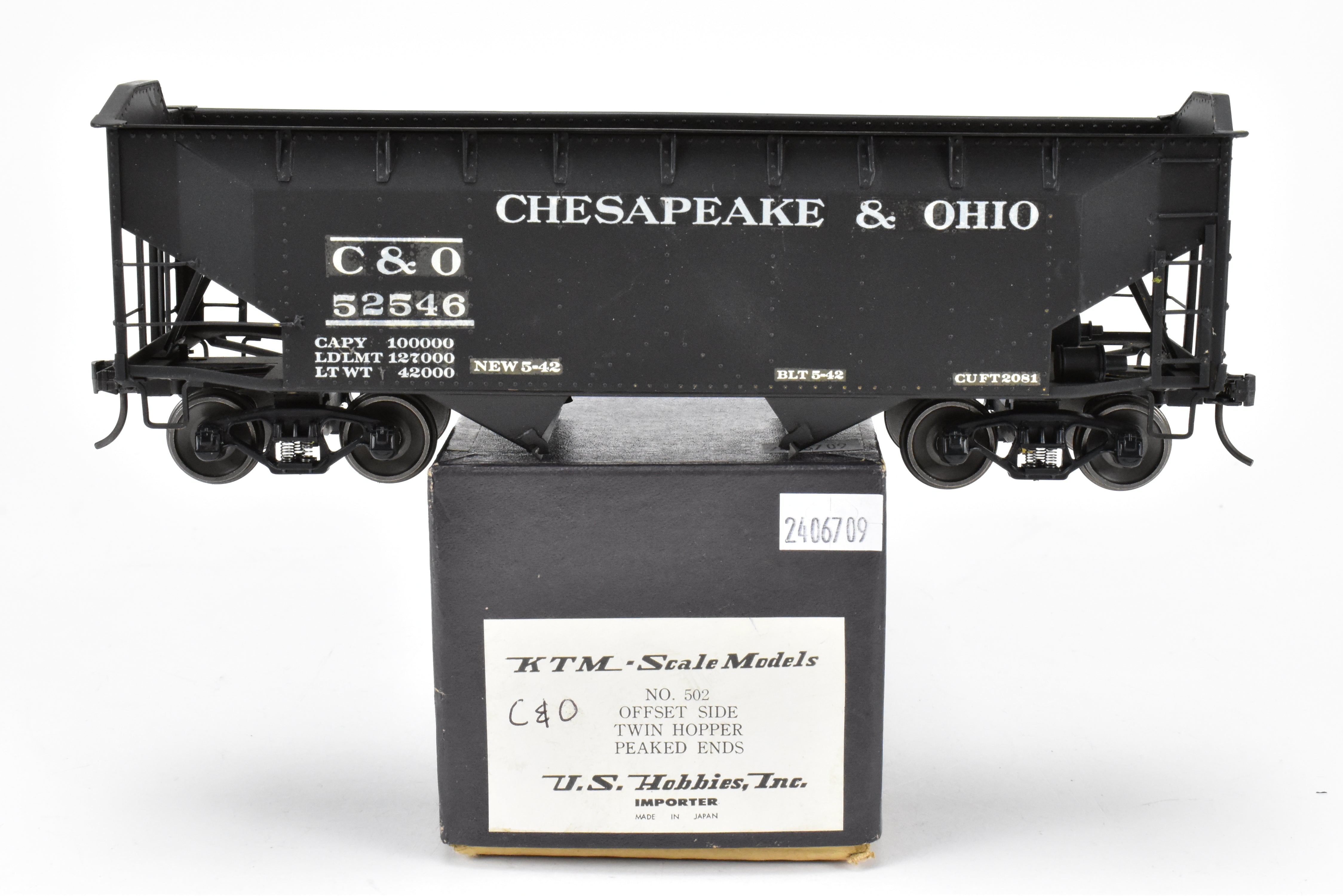 O Scale US Hobbies Brass C&O Offset Side Twin Hopper w/Peaked Ends, CP No. 52546