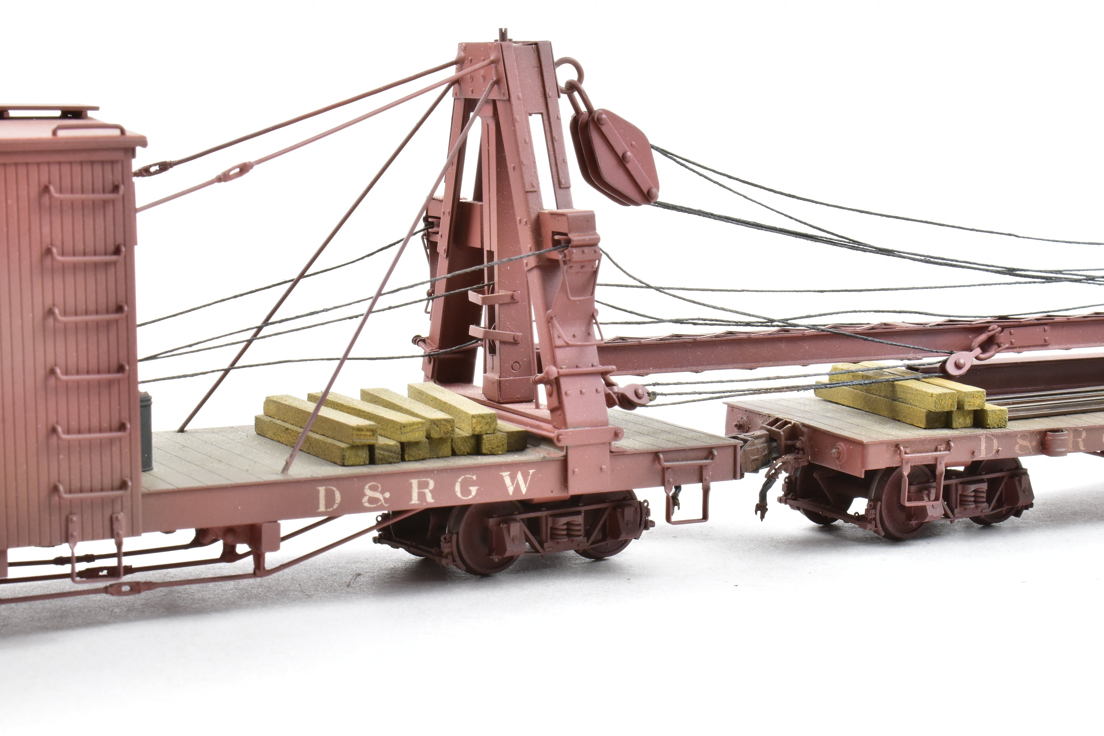 Custom Painted On3 Brass Model of D&RGW - Denver & Rio Grande Western Derrick OP with Idler Car by Westside Model Co.