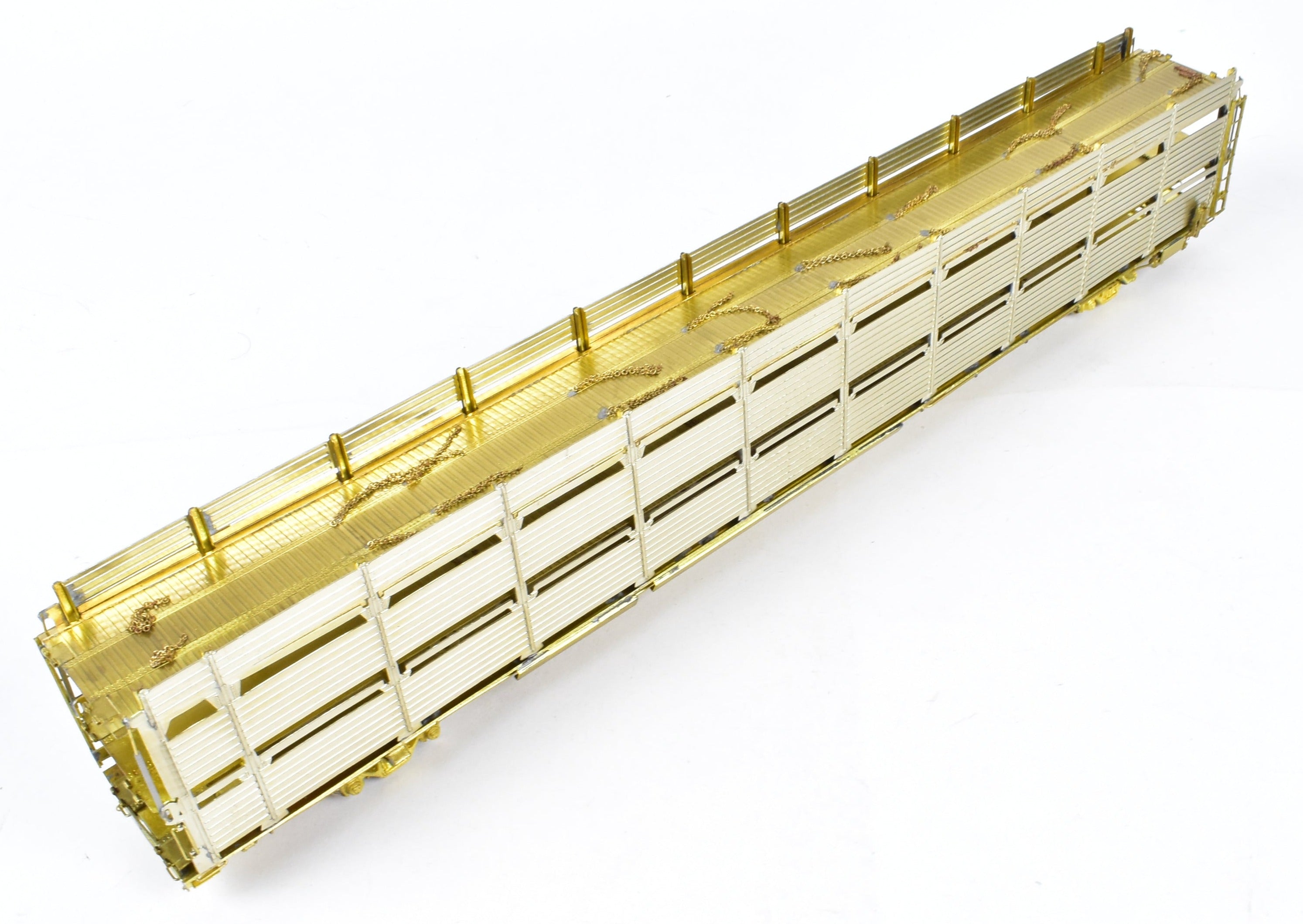 HO Scale Brass Tri - Level Auto Rack Model by Overland Models, Inc. (OMI) for Various Railroads like ATSF, BN, CR, N&W, and SP with Pressed Sides and Optional Roof