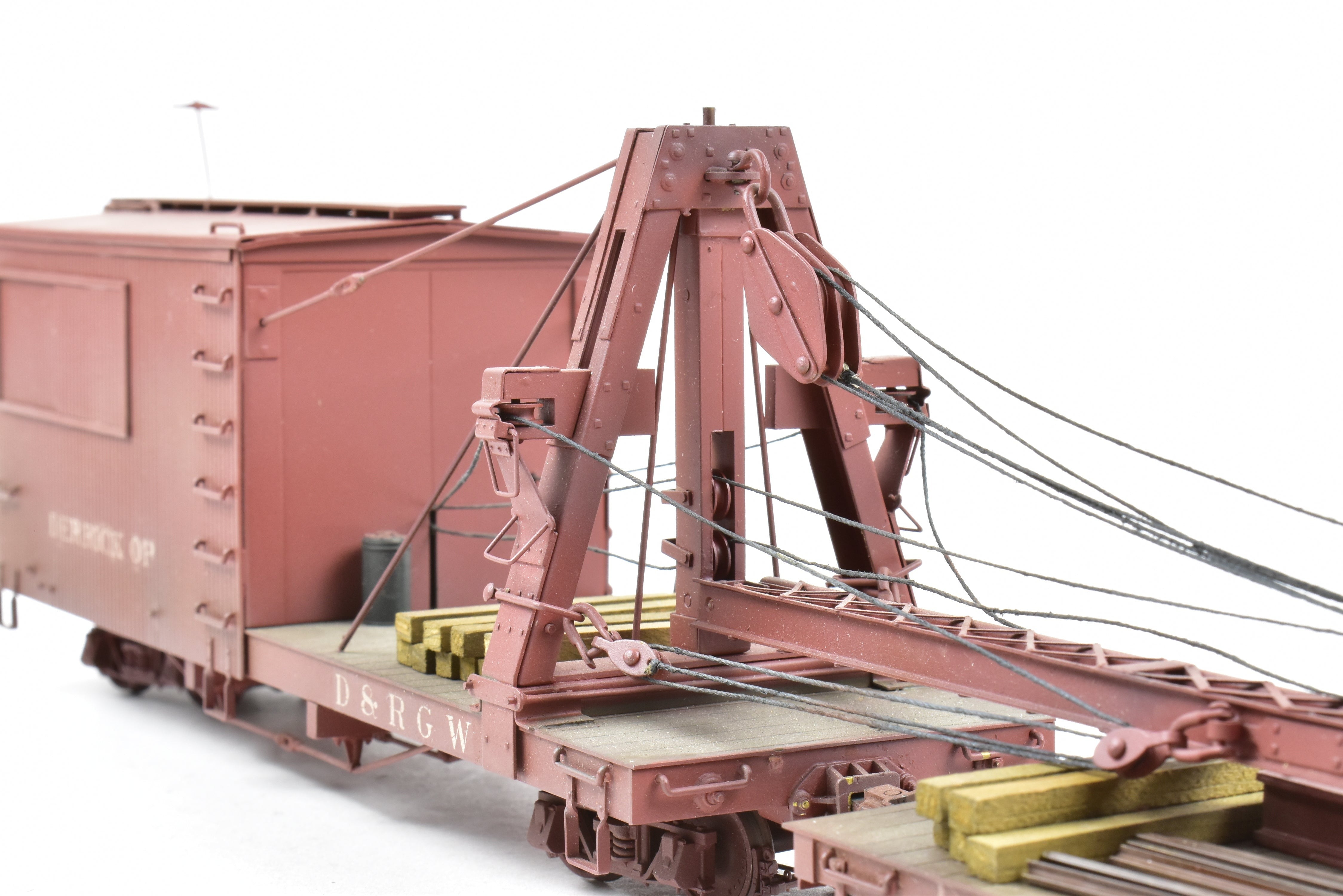 Custom Painted On3 Brass Model of D&RGW - Denver & Rio Grande Western Derrick OP with Idler Car by Westside Model Co.