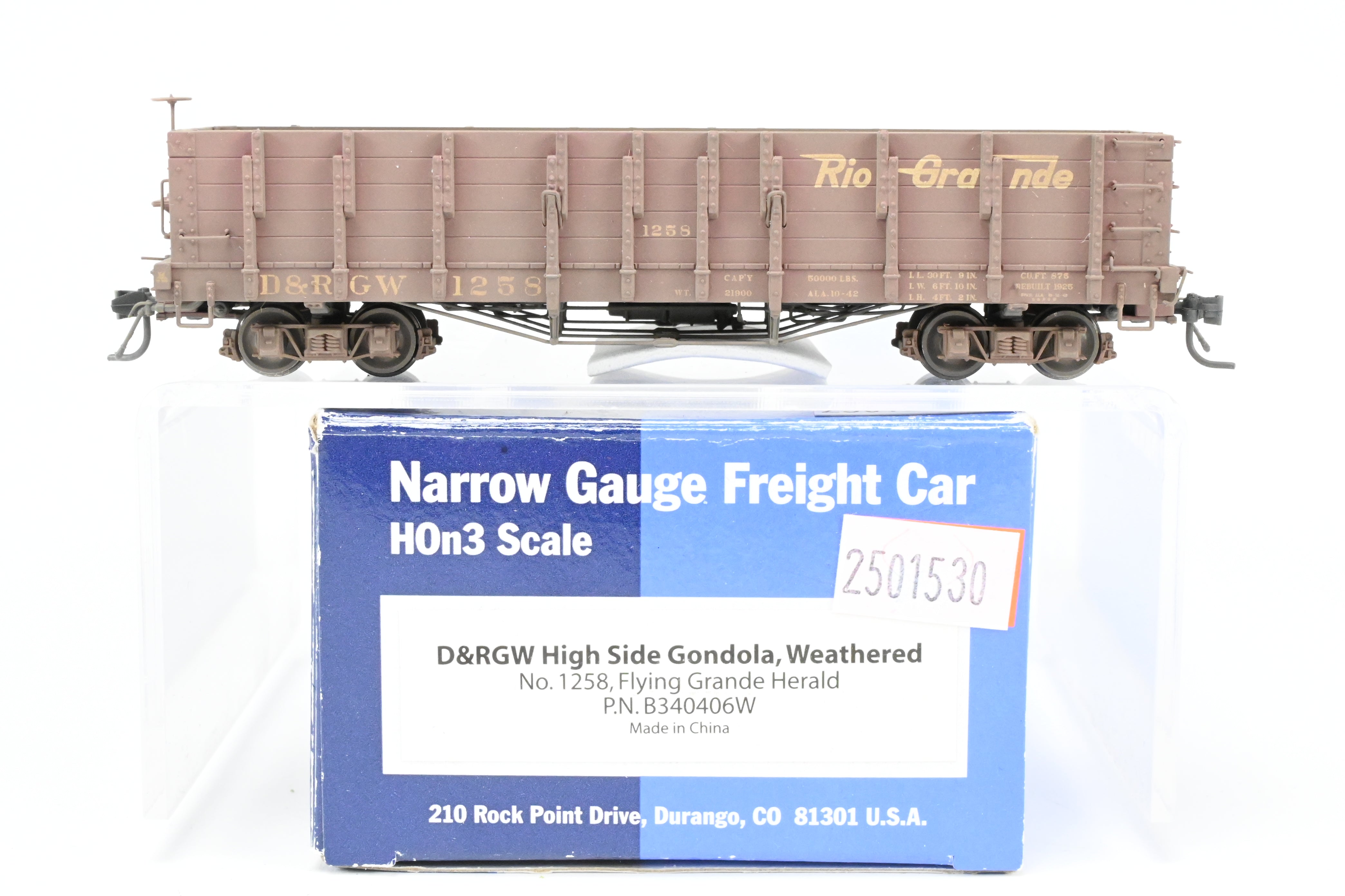 HOn3 Scale Blackstone Models Denver & Rio Grande Western High Side Gondola Model - Flying Grande Herald No. 1258, Weathered Finish