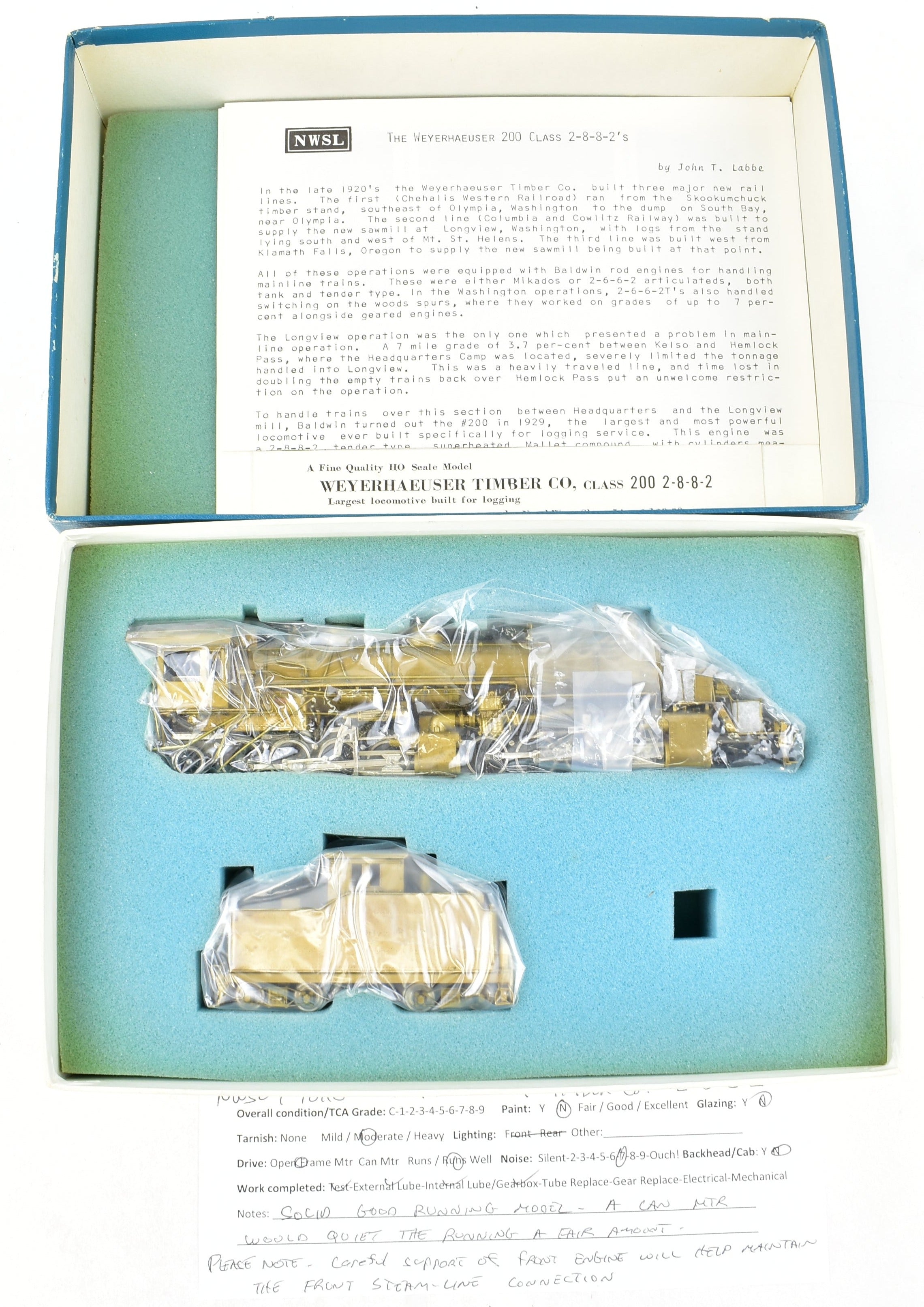 HO Scale Brass Northwest Short Line Weyerhaeuser Timber Co. #201 2-8-8-2 Model