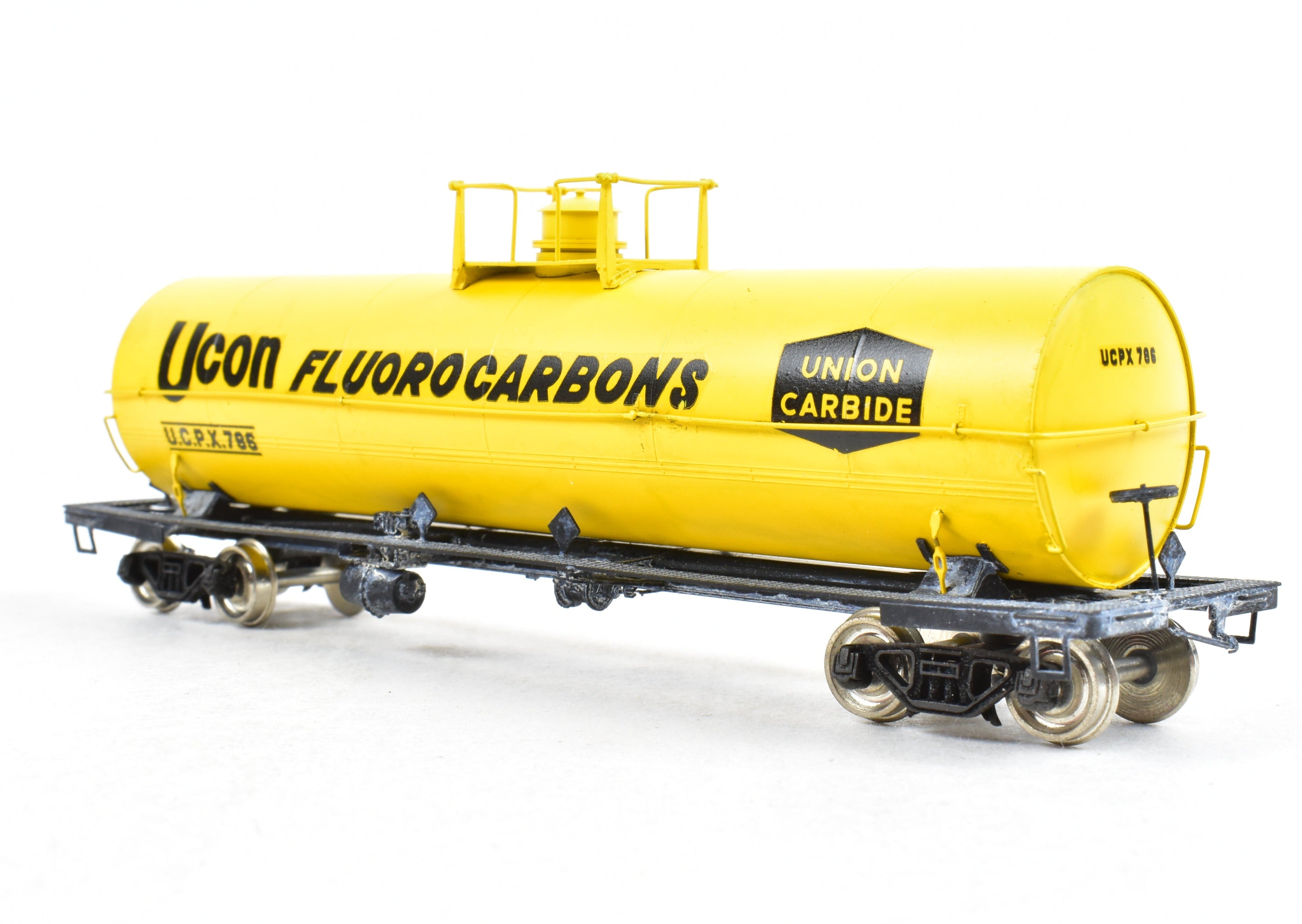 HO Scale Brass Precision Scale Co. (PSC) 12,000 Gallon Tank Car Factory-Painted in Yellow for Union Carbide, Various Roads Model