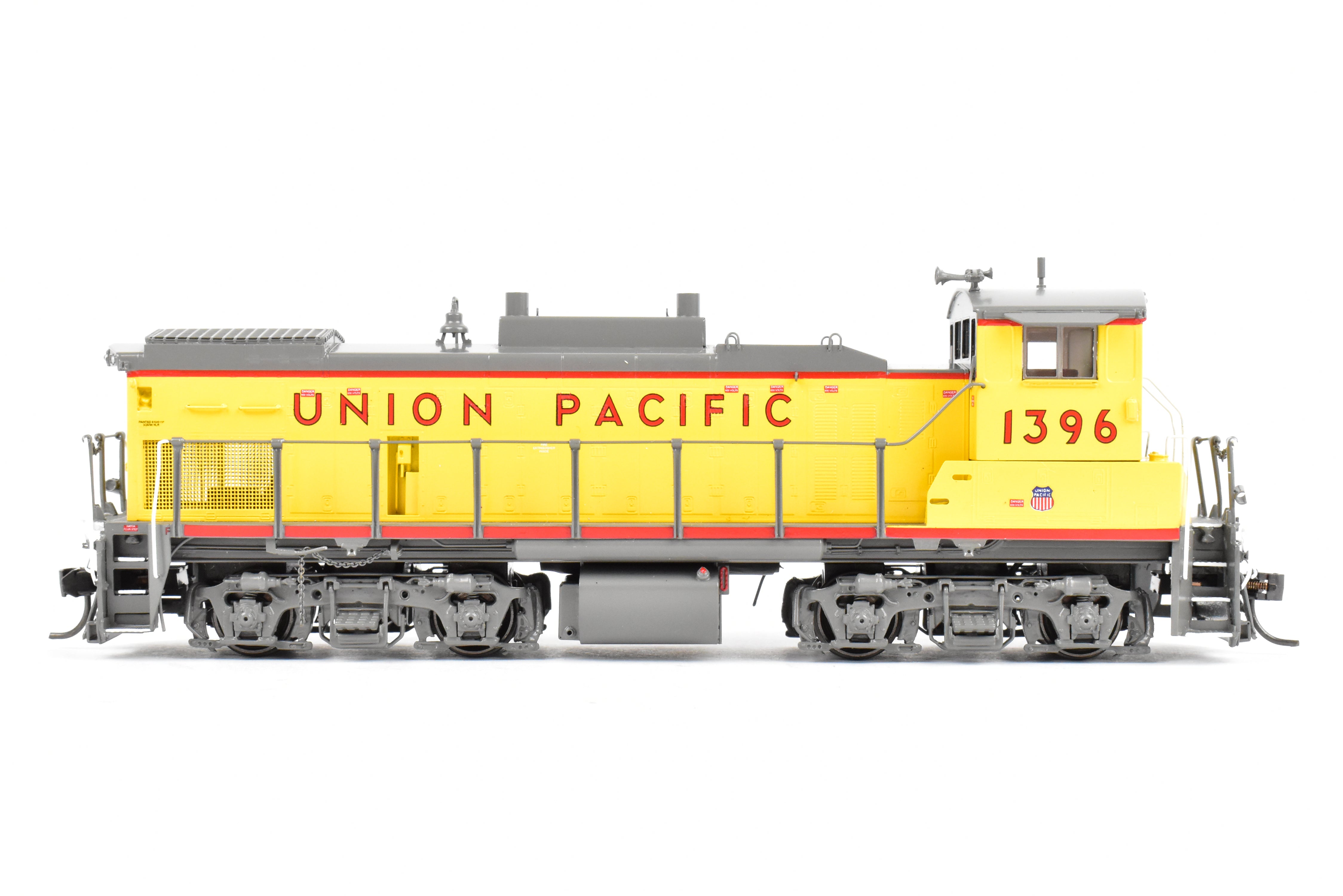 HO Scale Brass Model Train - Overland Models Inc. Union Pacific EMD MP15AC (formerly MKT) Freight Locomotive in Striking Yellow/Gray Color Scheme, Road Number 1396