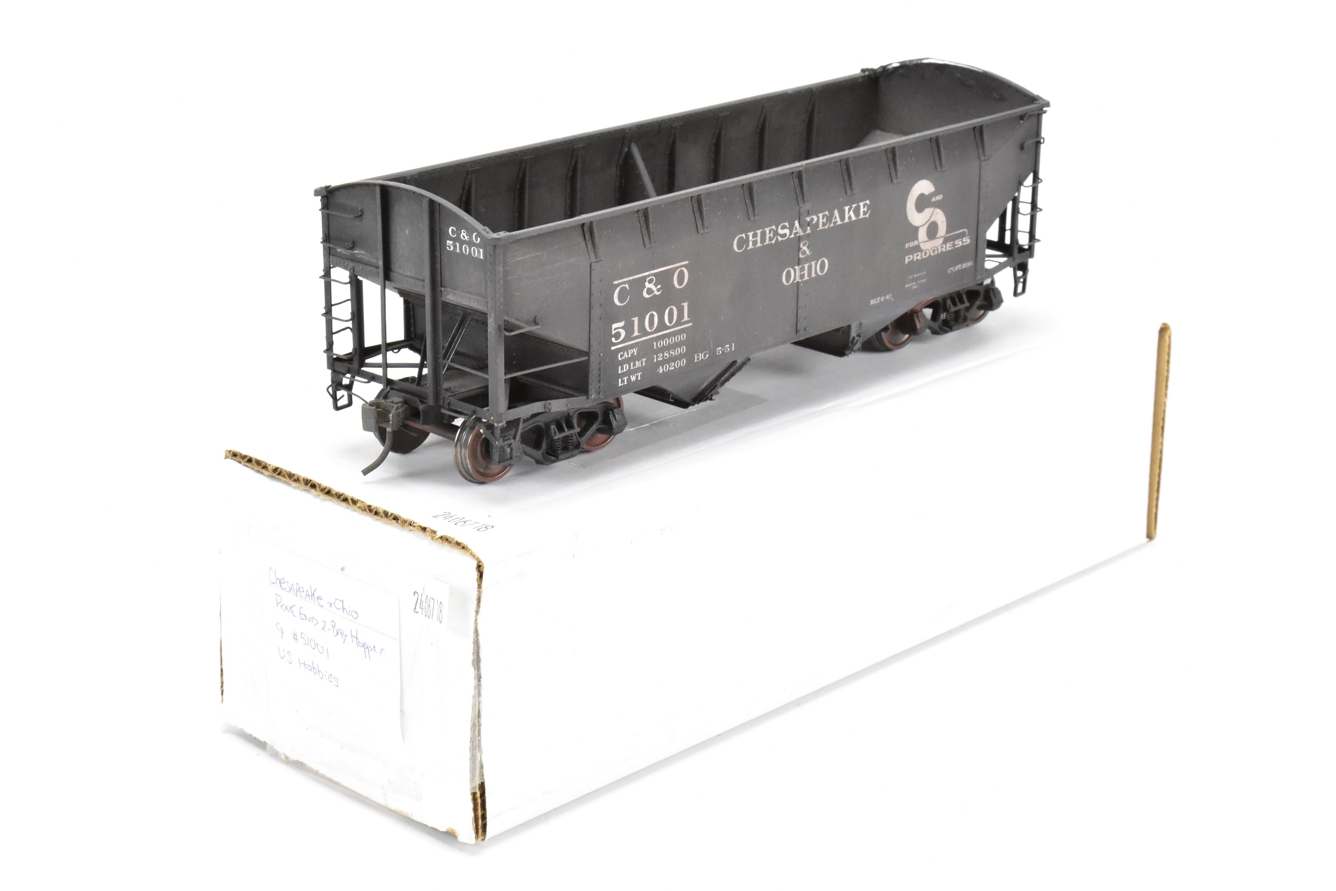 O Scale Model Train - Brass US Hobbies Chesapeake & Ohio (C&O) USRA 2 Bay Hopper, Custom Painted with Number 51001, No Original Packaging