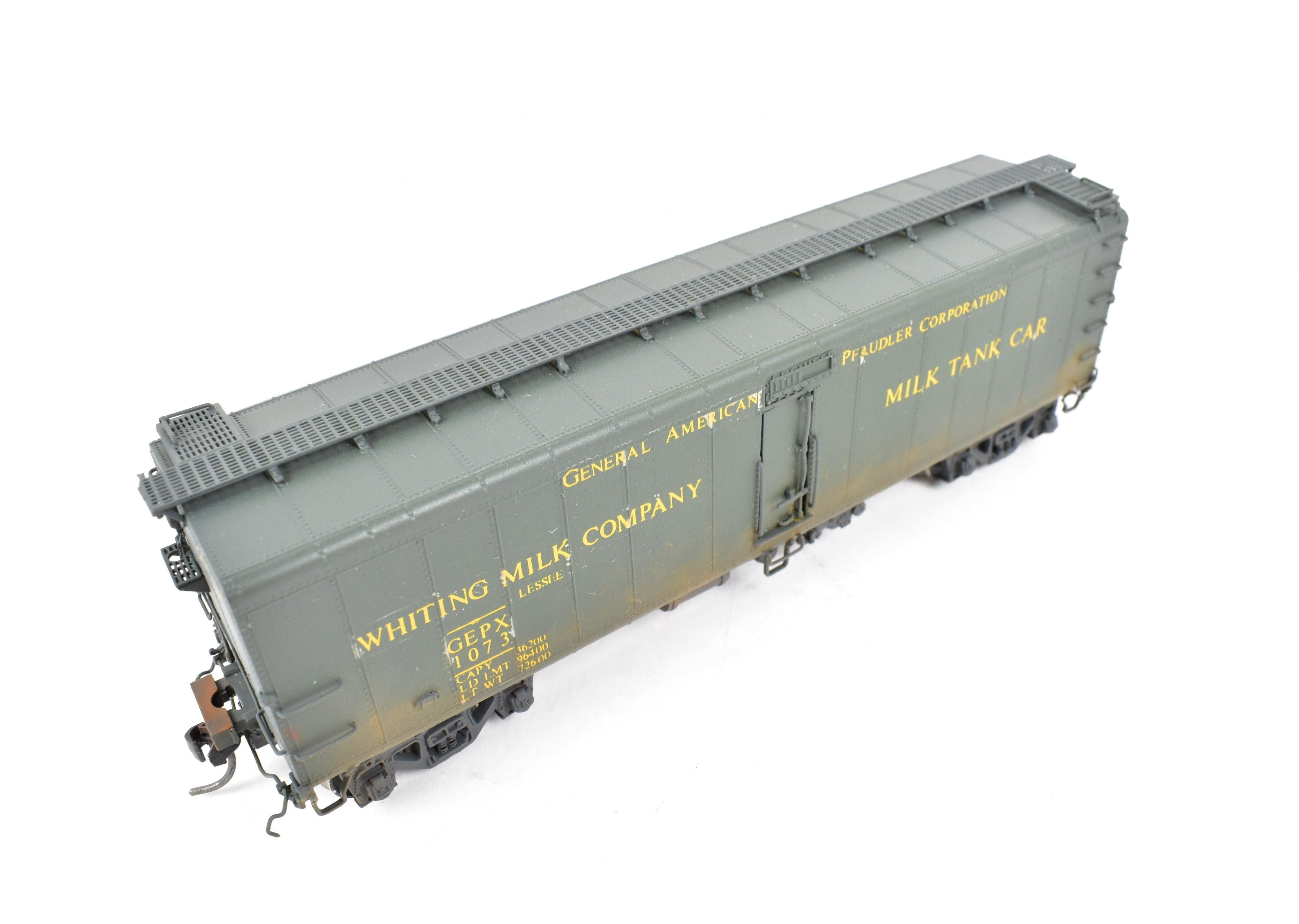 HO Scale Brass Milk Tank Car Model by Overland Models, Inc. (OMI) - Various Roads 40'6 GPEX 1073 Pfaudler, Lighted and Weathered for Realistic Display
