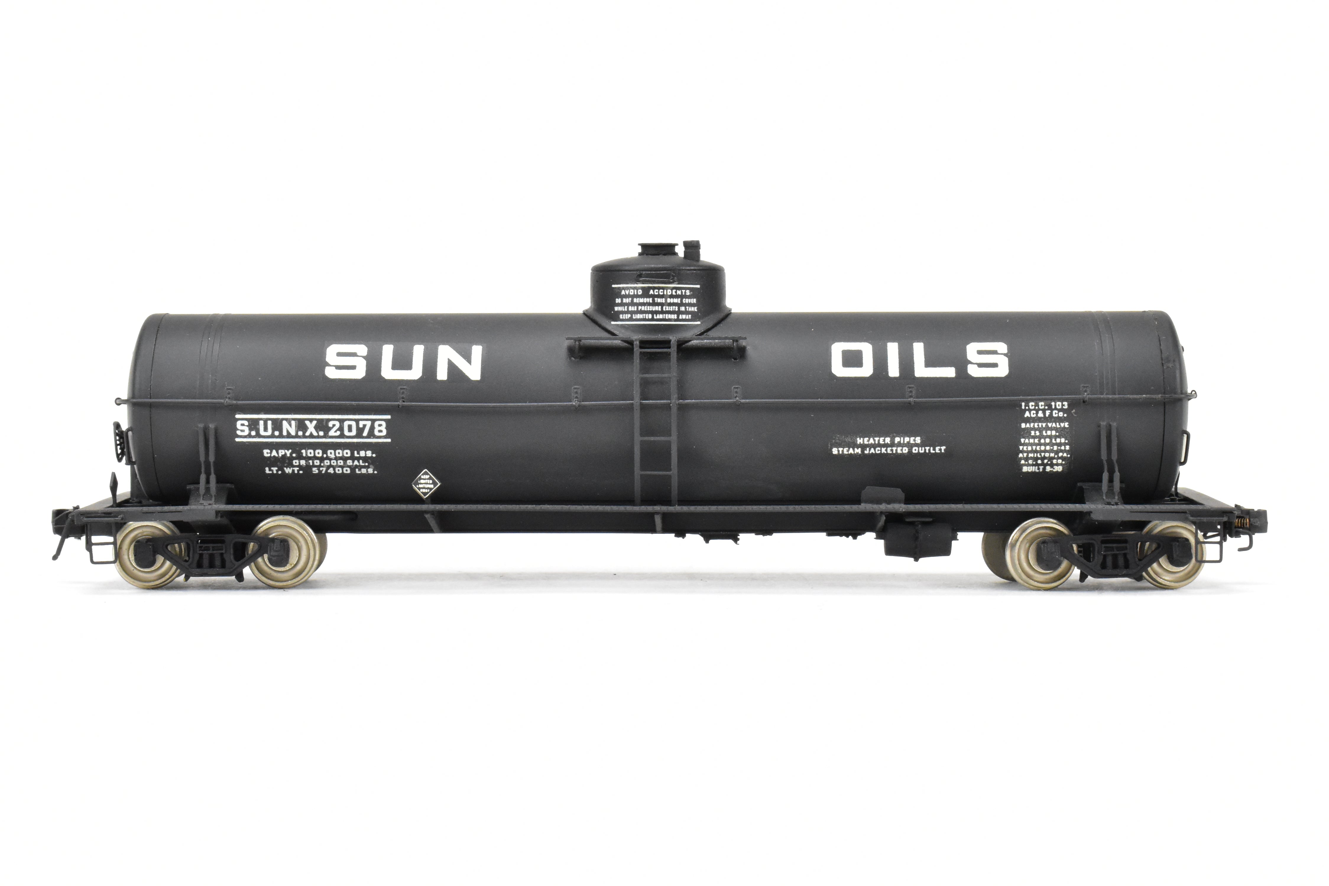 HO Scale Brass Precision Scale Co. (PSC) 16,000 Gallon Tank Car with Various Roads and Sun Oils Decals for Model Trains