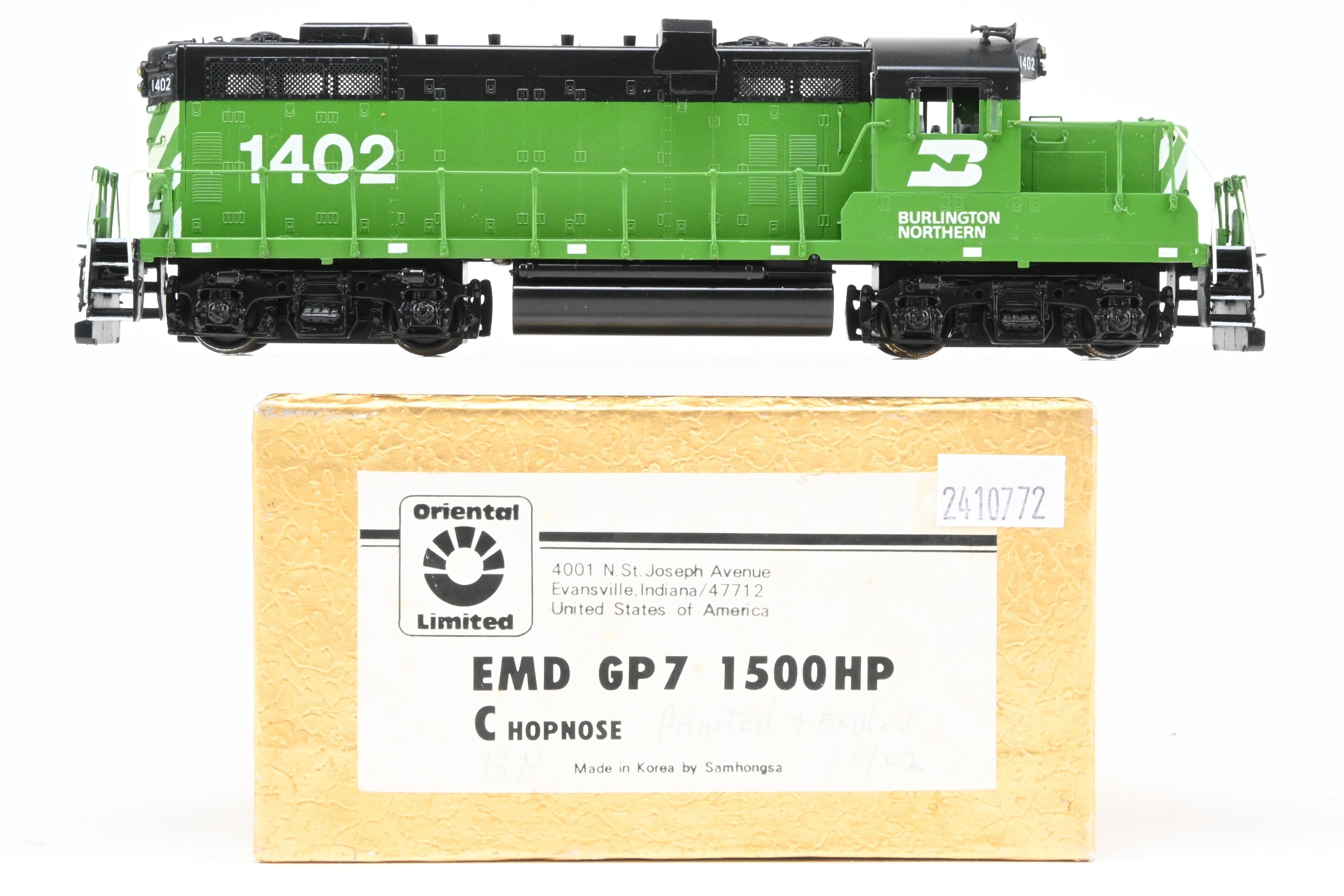 HO Scale Brass Model Train - Oriental Limited BN - Burlington Northern EMD GP - 7 Chop Nose Locomotive with Custom Painting and Numbering CP #1402