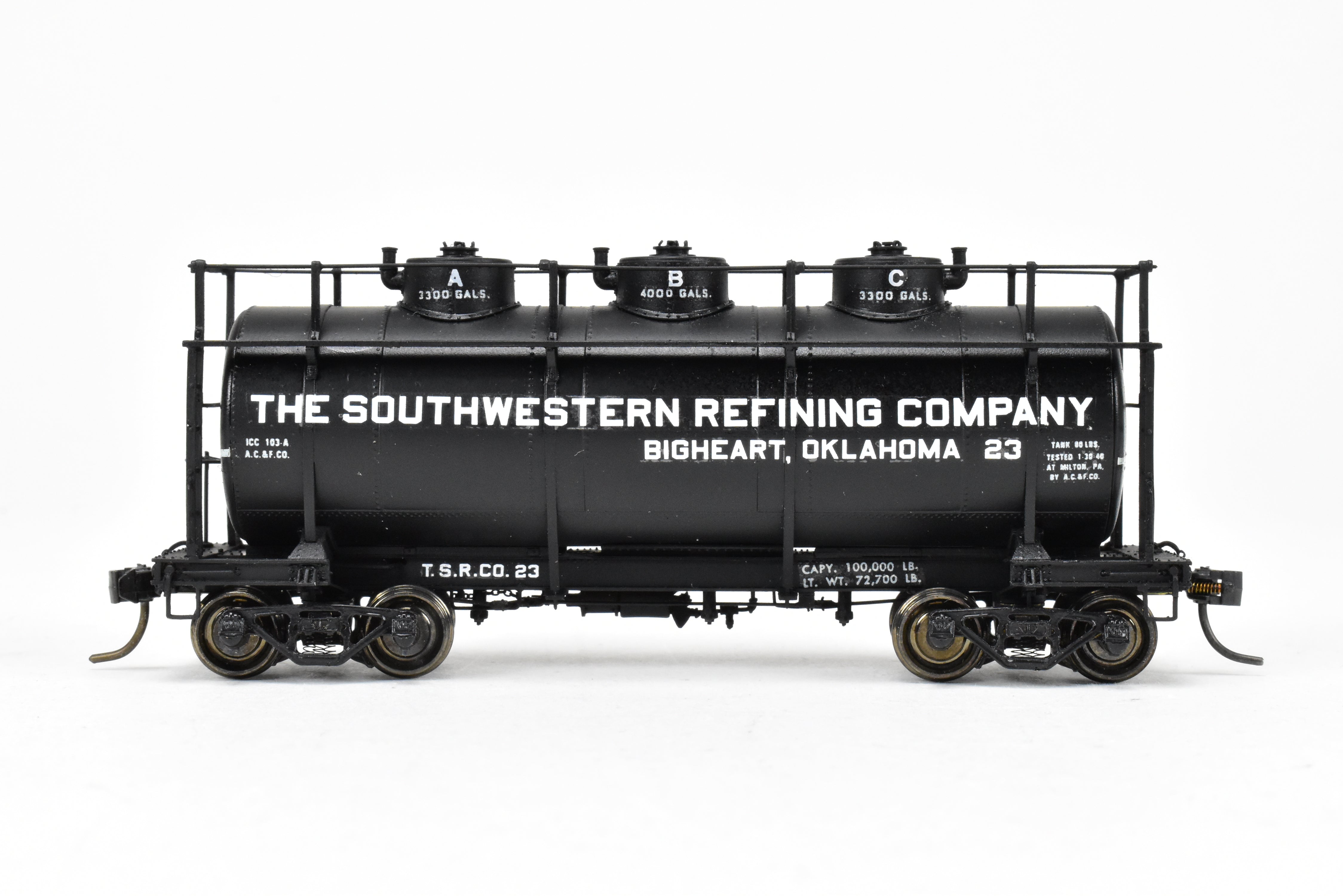 HO Scale Brass Model Train - W&R Enterprises Various Roads AC&F 10,000 GAL 3 - Dome Tank Car Featuring High Walkway and Custom Paint by The Southwestern Refining Company