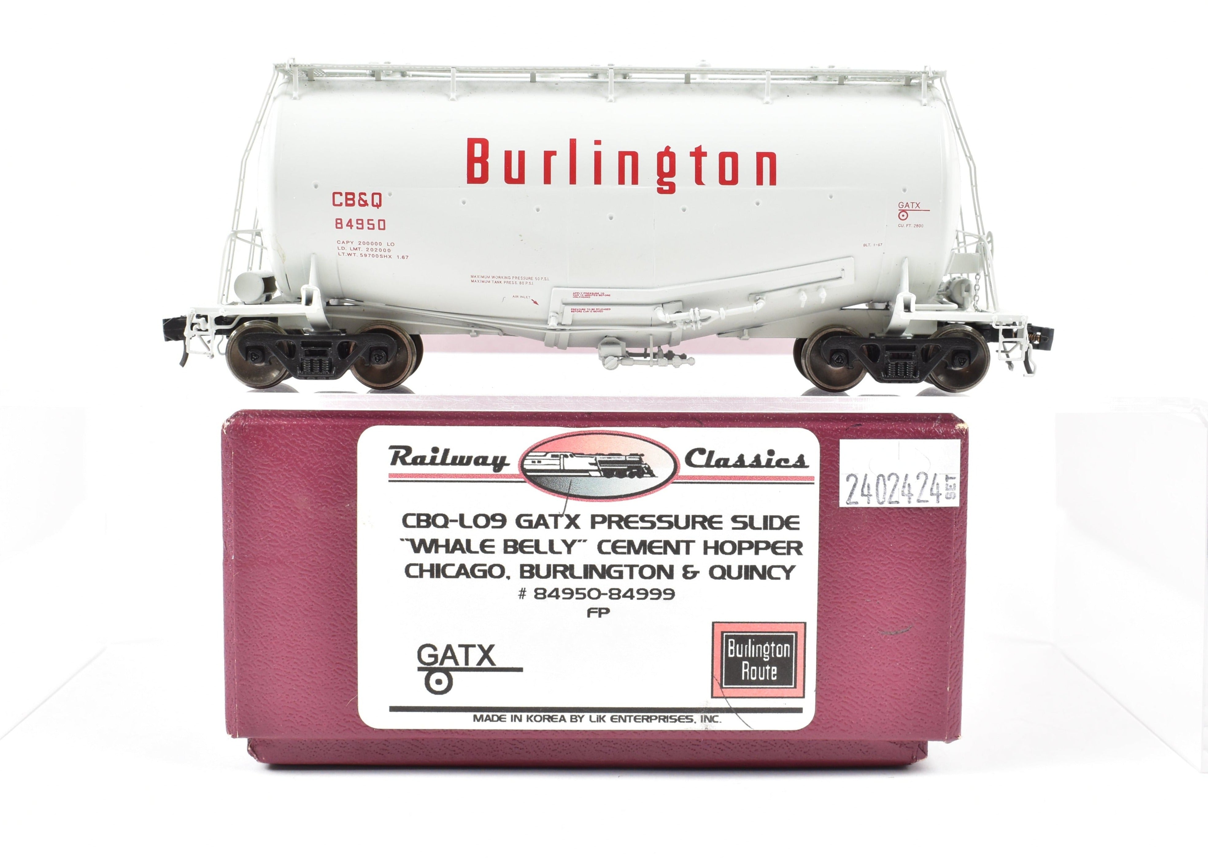 High - Quality HO Scale Brass Construction CON Railway Classics CB&Q - Burlington Route GATX Pressure Slide Whale Belly Cement Hopper Model FP CB&Q 84950