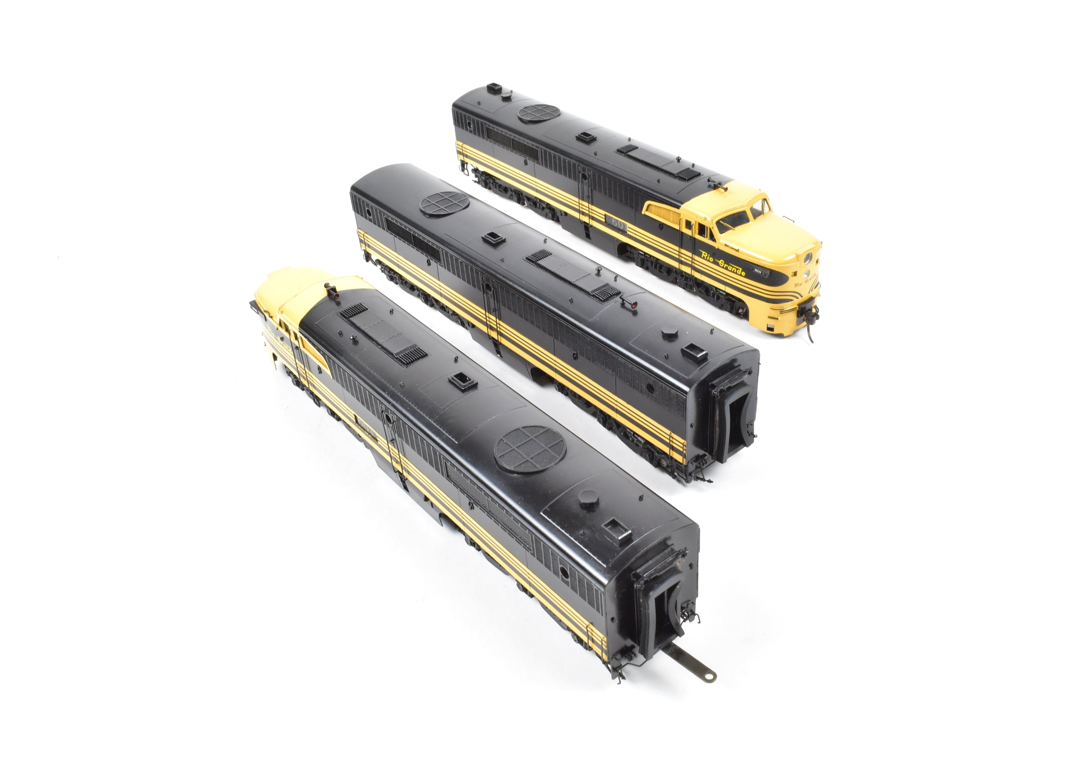 HO Scale Brass Model Train Key Imports D&RGW - Denver & Rio Grande Western Alco PA A/B/A Set Locomotive in Black and Yellow Color Scheme