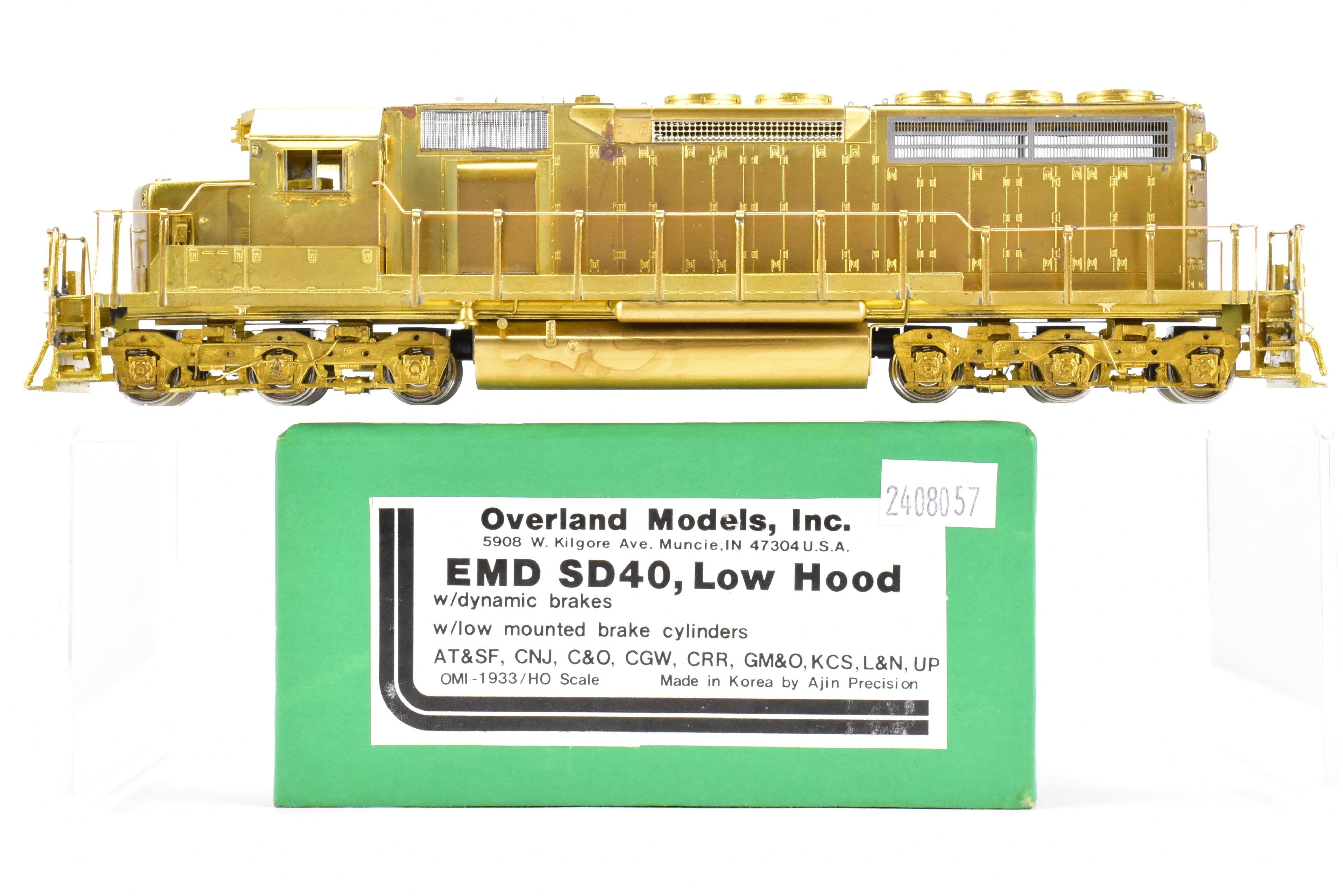 HO Scale Brass Model Train Locomotive - Overland Models Inc. EMD SD40 Low Hood with Dynamic Brakes and Low Mounted Brake Cylinders for Various Railroads