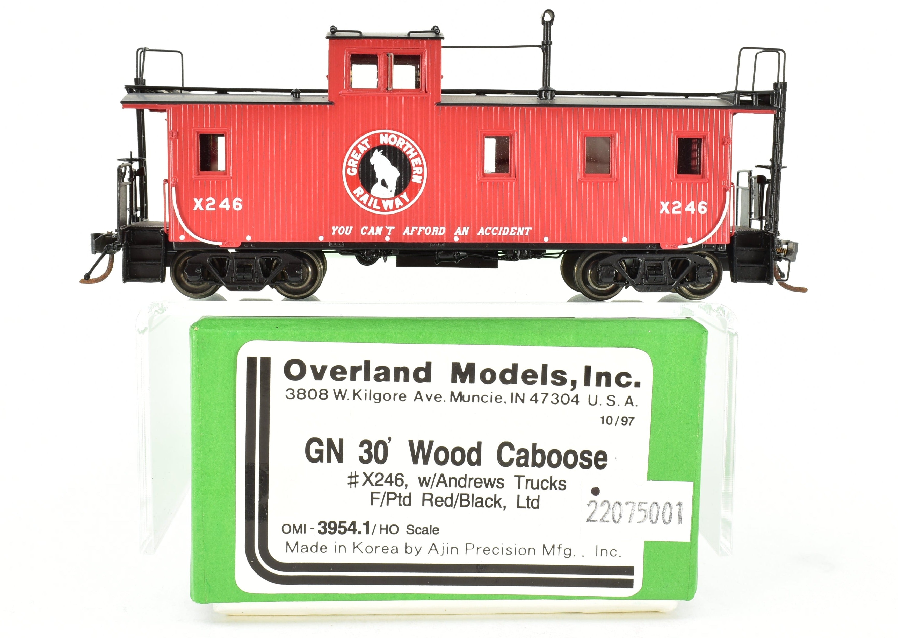 HO Scale Brass Model Train Caboose by Overland Models, Inc. (OMI) - Great Northern 30-Foot Wood Caboose, Factory Painted with Road Number X246