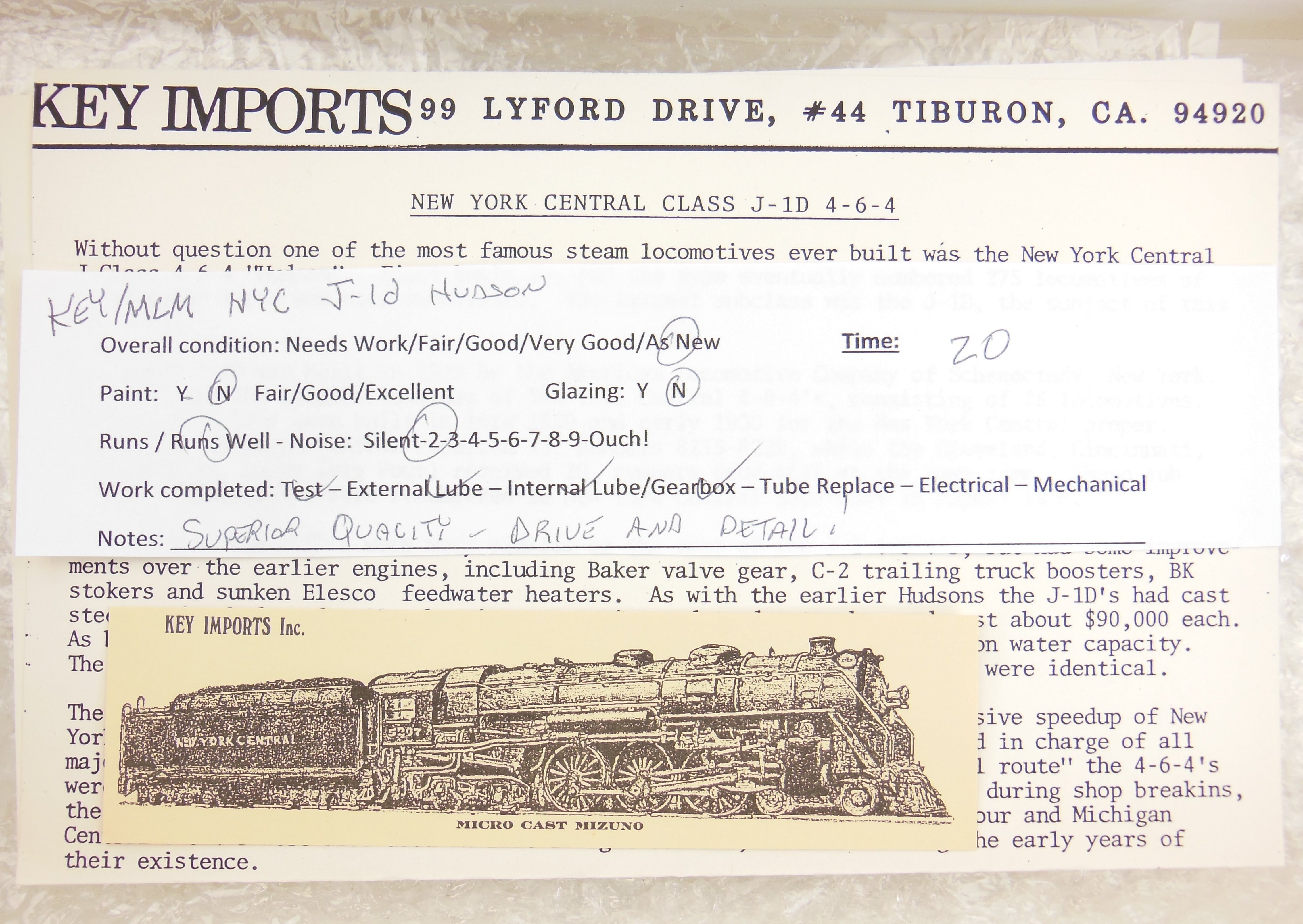 HO Scale Brass Key Imports NYC - New York Central J-1d 4-6-4 Hudson Model