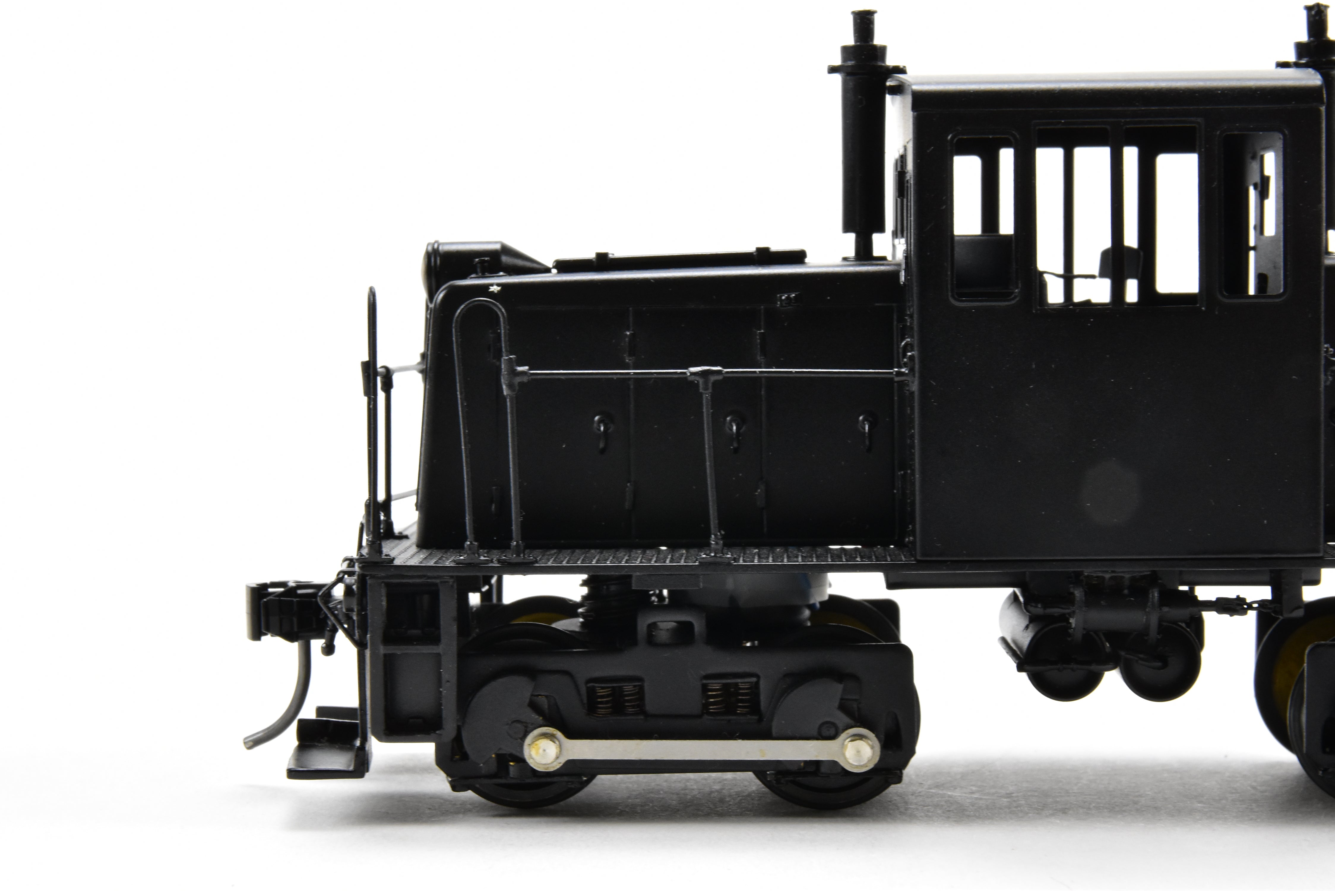O Scale 1:48th Brass RYM - Rich Yoder Models 45 Ton Side-Rod Diesel FP in Glossy Black, Unlettered, Ideal for Shortline/Industrial Switching