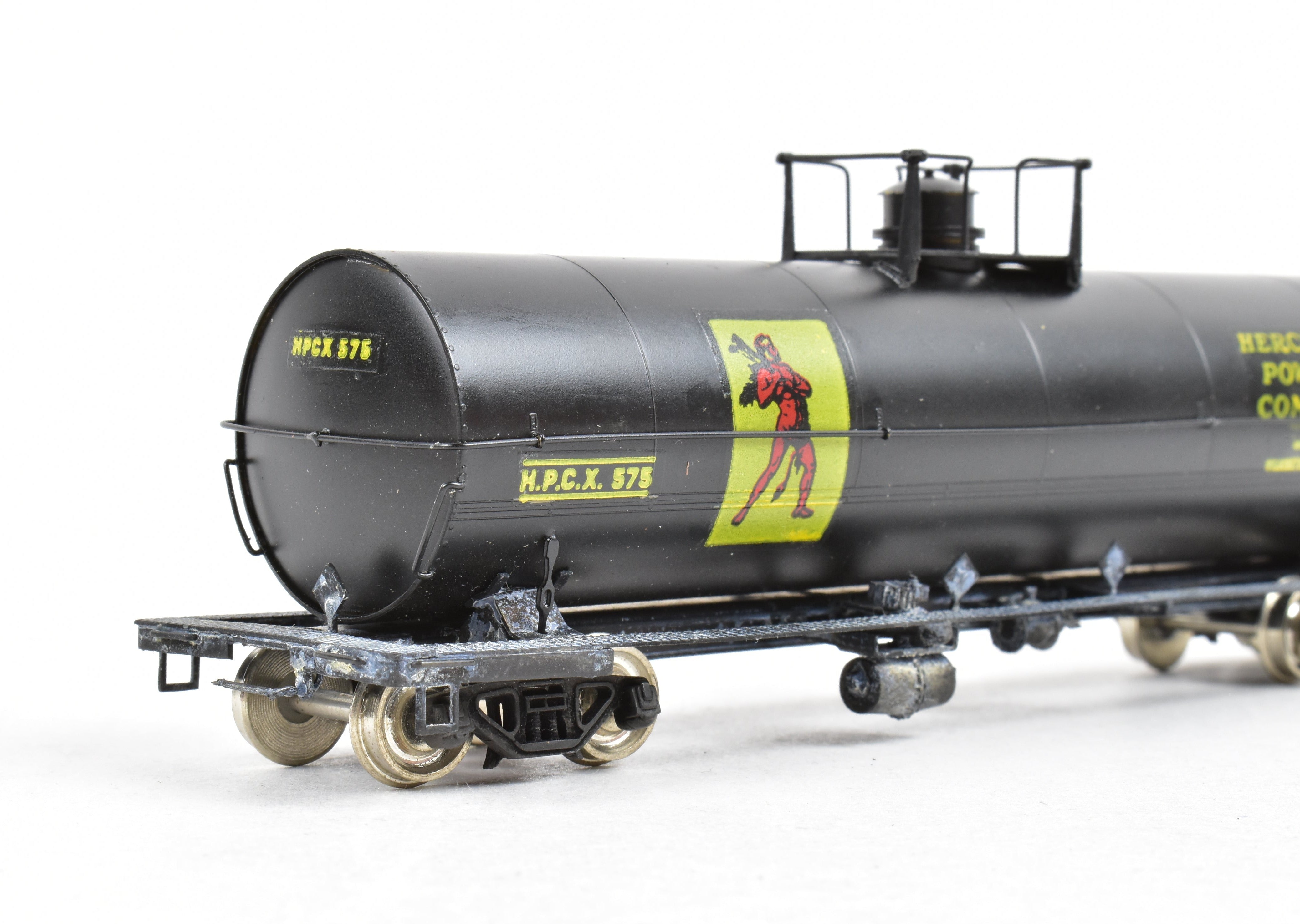 HO Scale Brass Precision Scale Co. 12,000 Gallon Tank Car, Professionally Painted Black with Hercules Powder Company Lettering