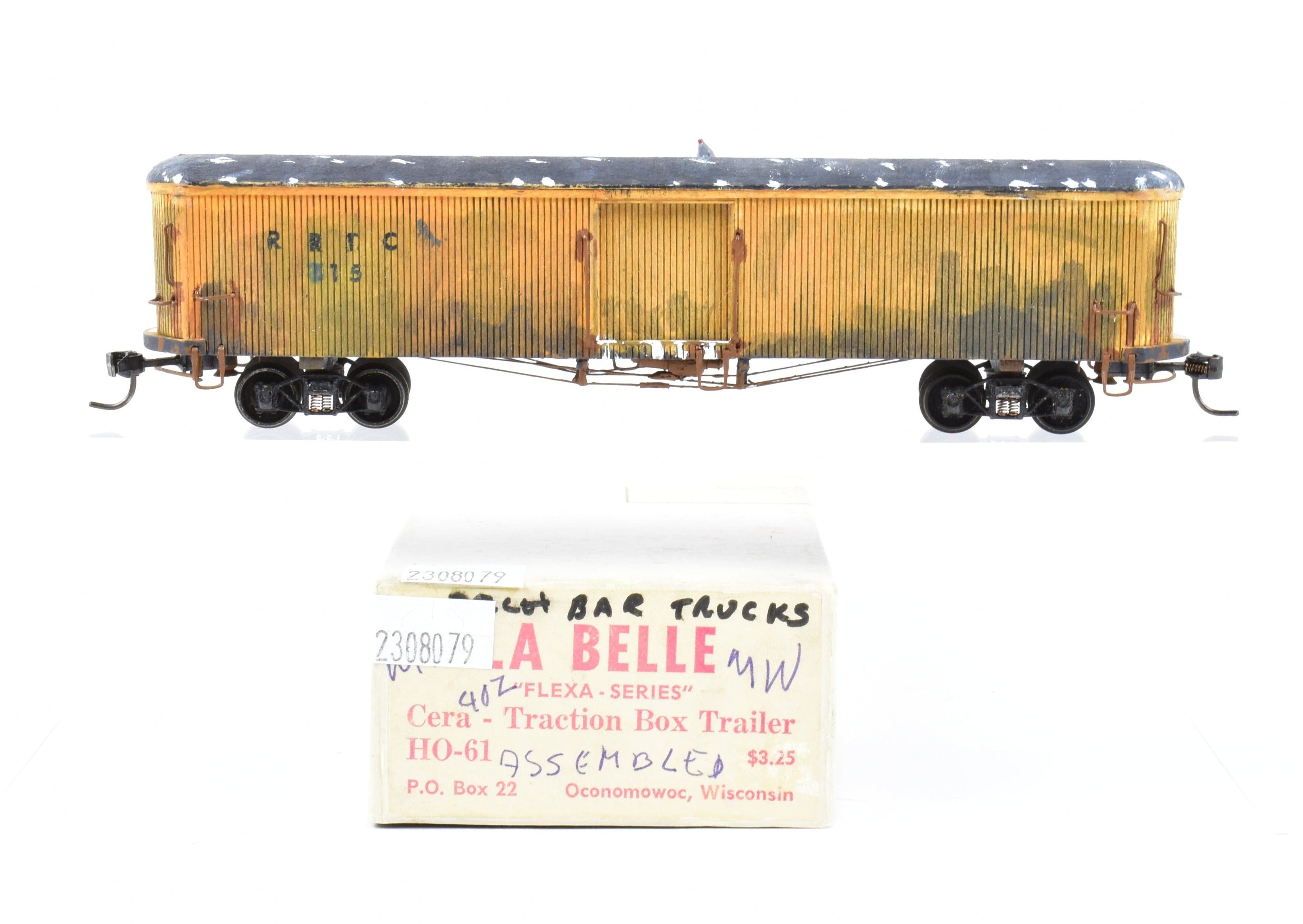 HO La Belle Woodworking Yellow #215 Fully Assembled Weathered Freight/Baggage Trailer