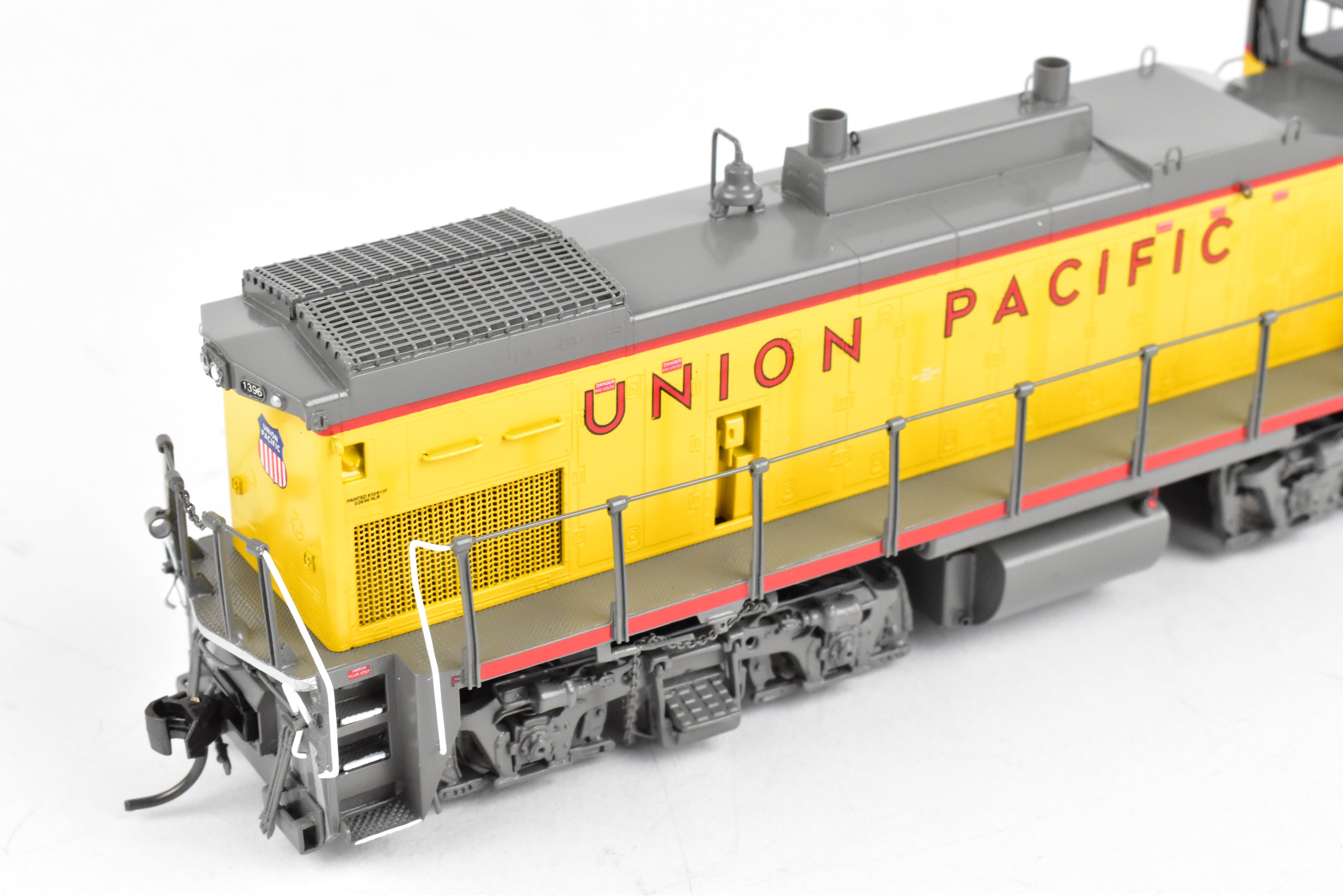 HO Scale Brass Model Train - Overland Models Inc. Union Pacific EMD MP15AC (formerly MKT) Freight Locomotive in Striking Yellow/Gray Color Scheme, Road Number 1396