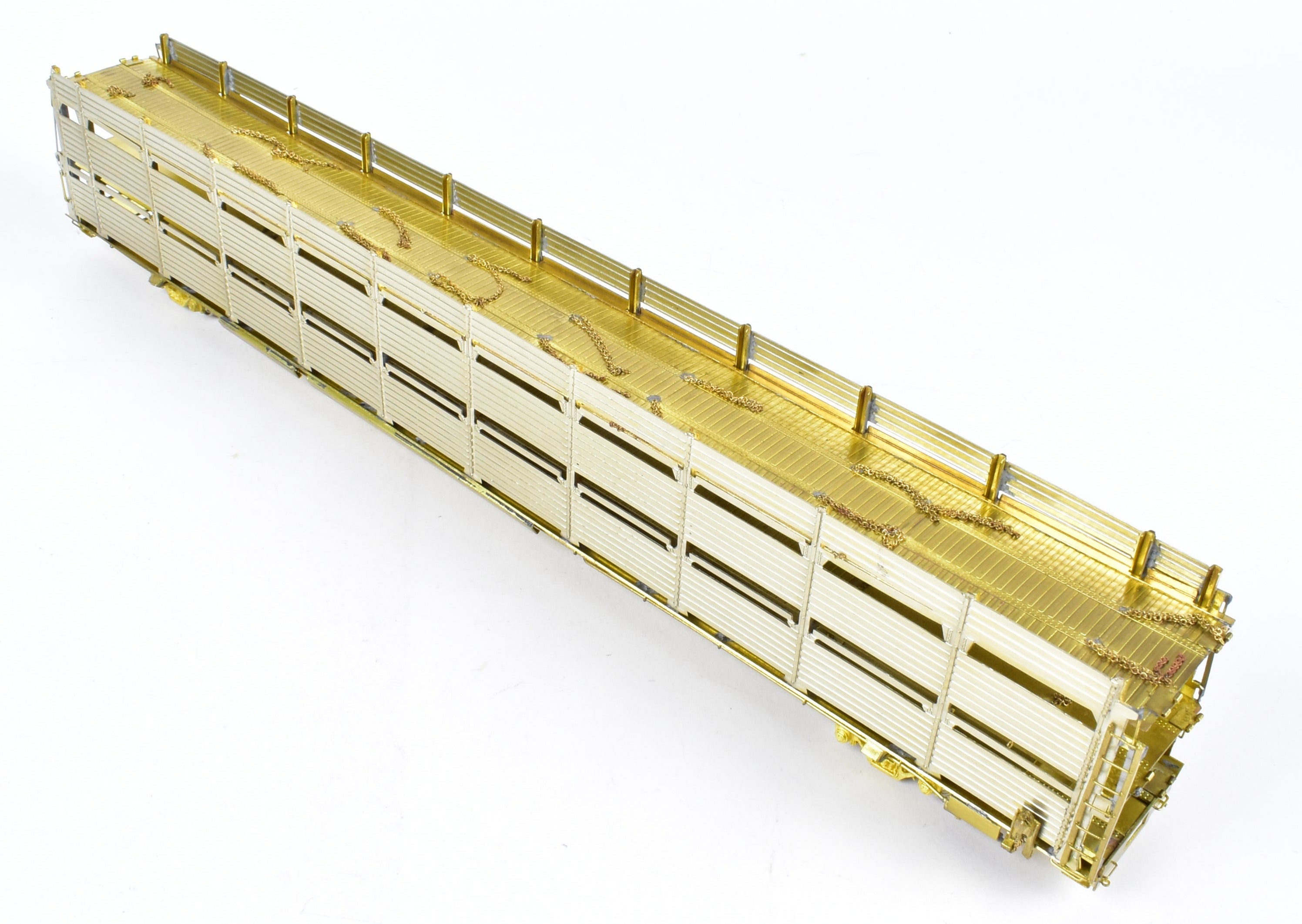 HO Scale Brass Tri - Level Auto Rack Model by Overland Models, Inc. (OMI) for Various Railroads like ATSF, BN, CR, N&W, and SP with Pressed Sides and Optional Roof
