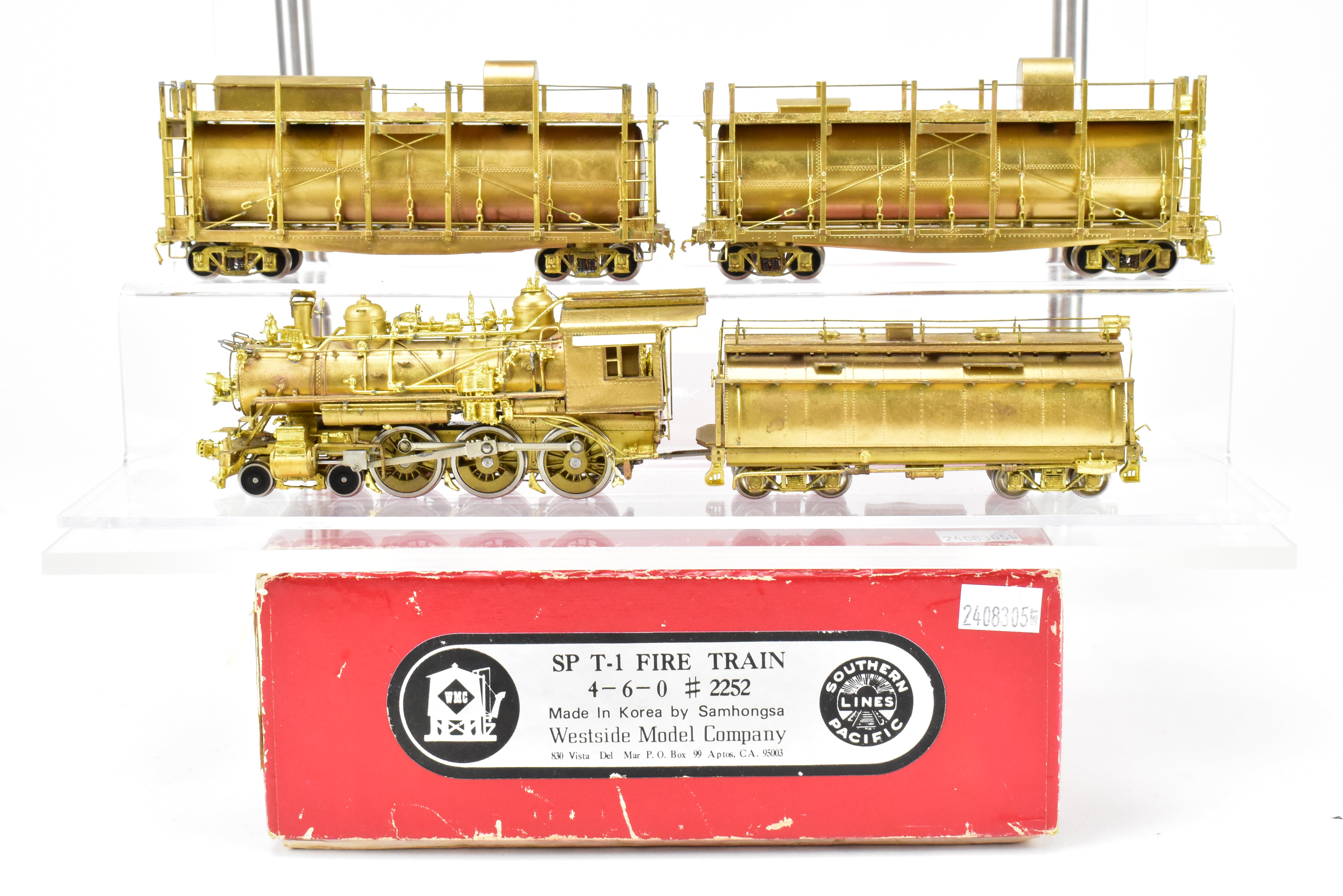 1977 HO Brass Southern Pacific Fire Train Set T-1 4-6-0 with Two Tank Cars, Missing 2 Ladders