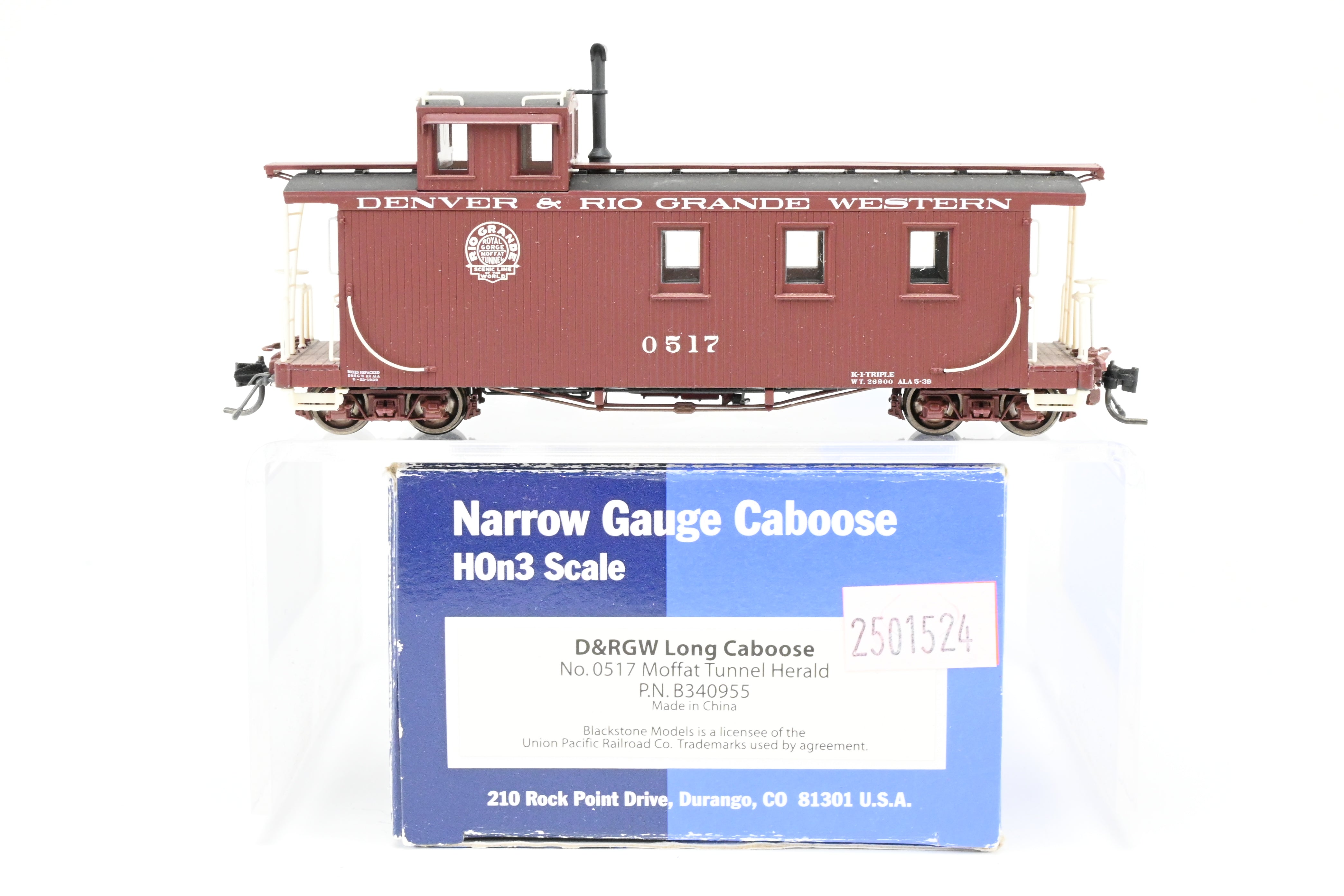 HOn3 Blackstone Models D&RGW - Denver & Rio Grande Western Brown Long Caboose with Moffat Tunnel Herald No. 0517