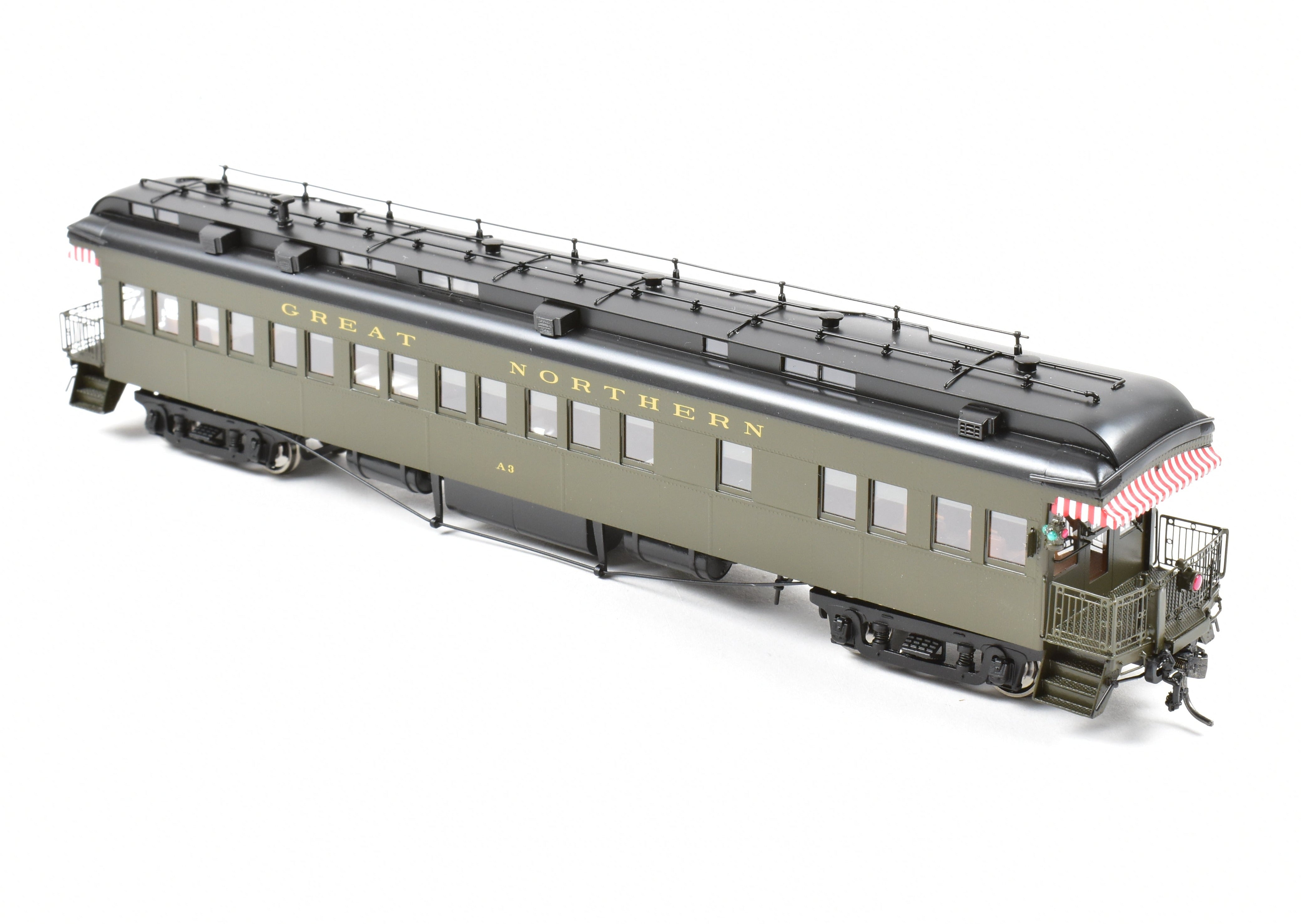 High - Quality HO Scale New Brass Model Train: North Bank Line (NBL) and Great Northern (GN) 2nd A3 Business Car in Pullman Green Color