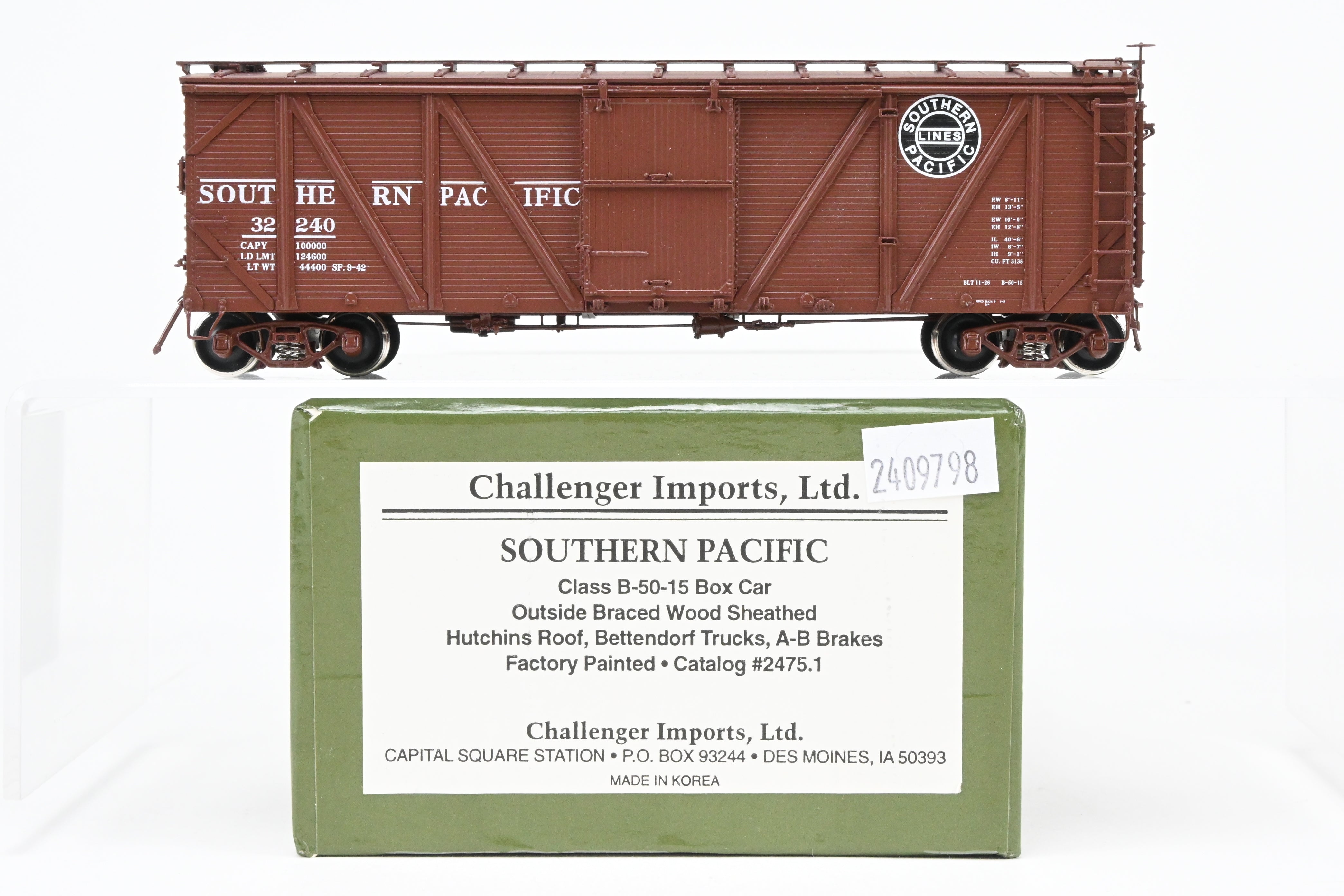 HO Scale Brass Challenger Imports Southern Pacific Class B - 50 - 15 Outside Braced Wood - Sheathed Box Car with Hutchins Roof, Model Number FP #32240