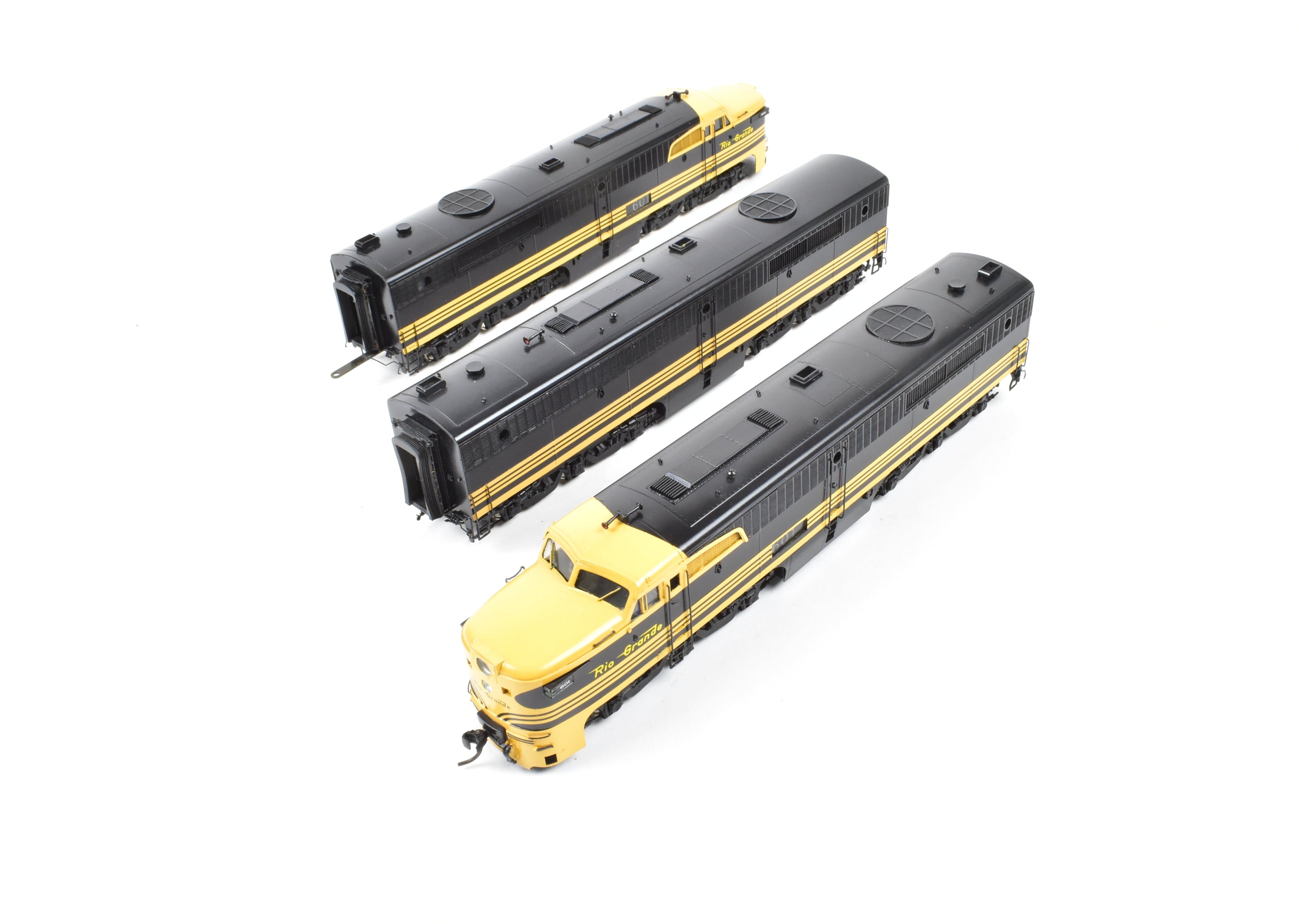 HO Scale Brass Model Train Key Imports D&RGW - Denver & Rio Grande Western Alco PA A/B/A Set Locomotive in Black and Yellow Color Scheme