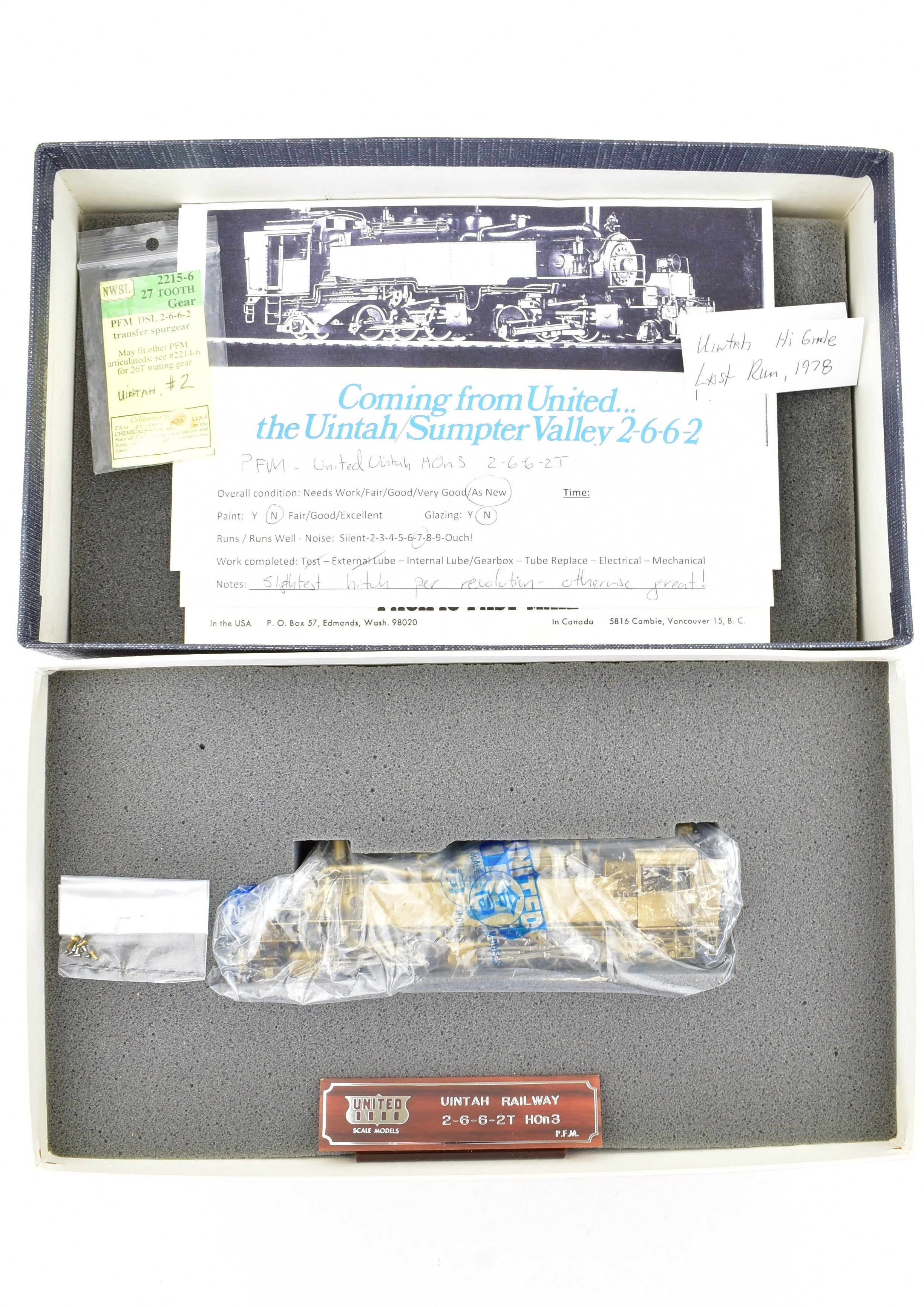 HOn3 Scale Brass Pacific Fast Mail (PFM) Model Train - United Uintah Railway 2-6-6-2T Configuration with High - Quality New Gears