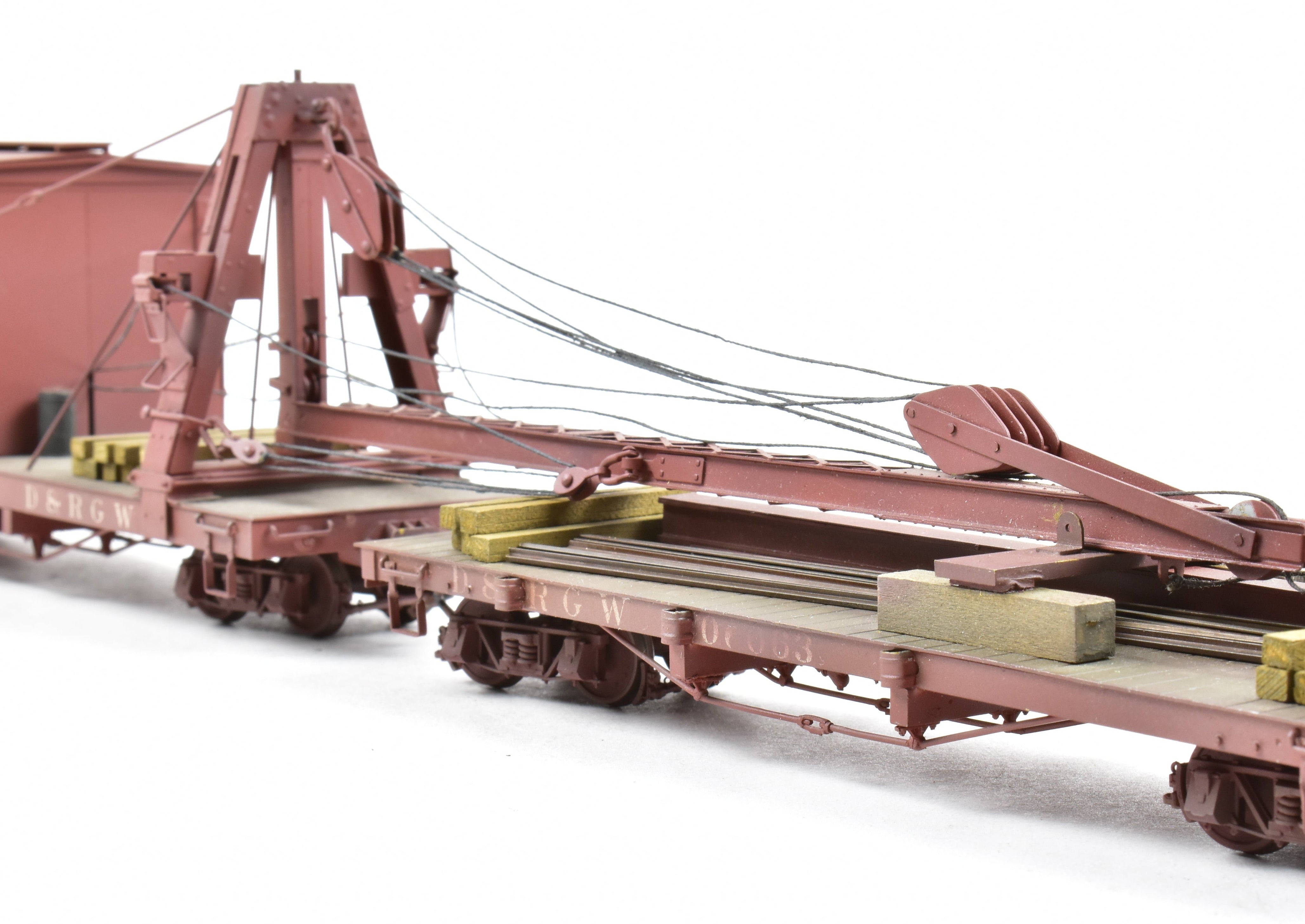 Custom Painted On3 Brass Model of D&RGW - Denver & Rio Grande Western Derrick OP with Idler Car by Westside Model Co.