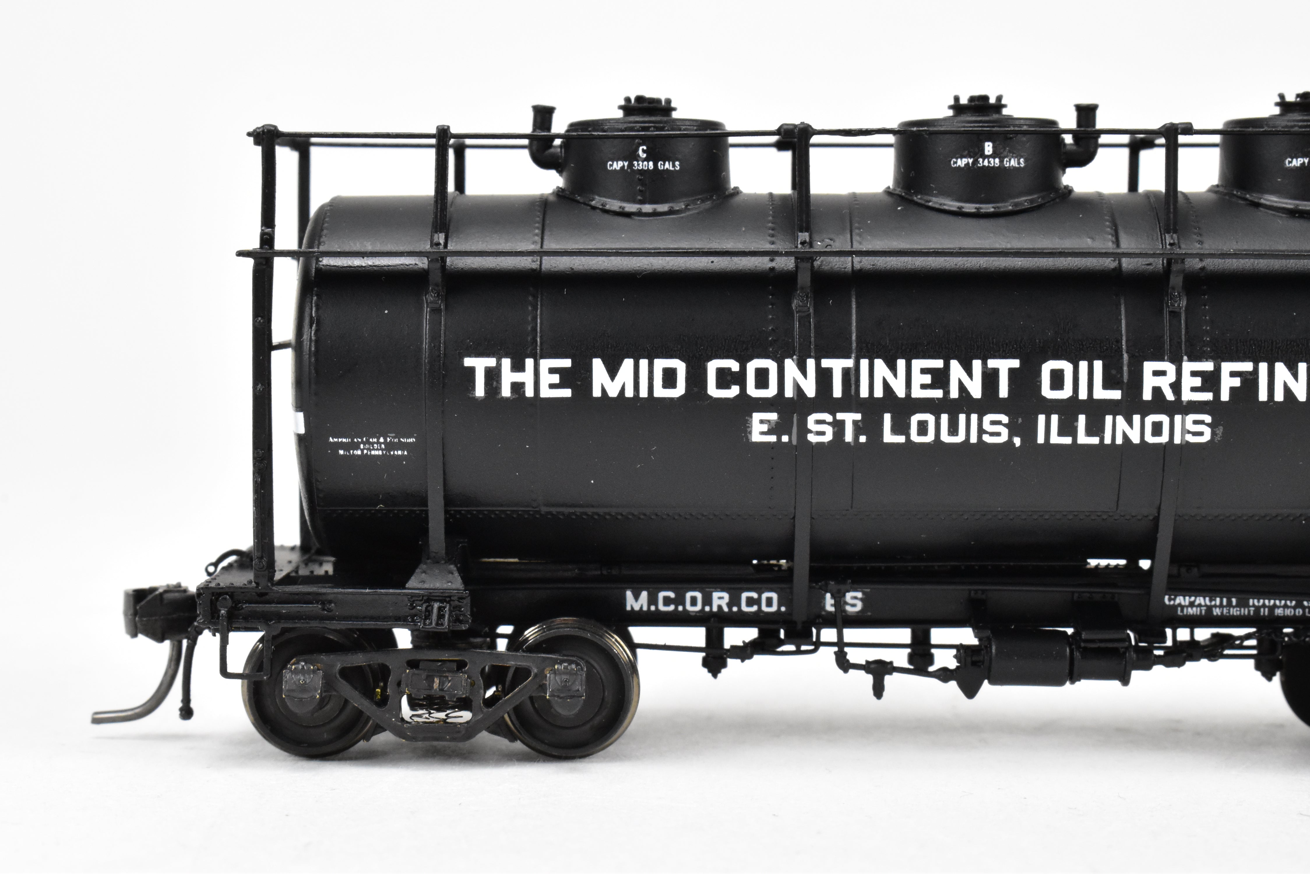 HO Scale Brass Model Train W&R Enterprises Various Roads AC&F 10,000 Gallon 3-Dome Tank Car Featuring High Walkway and Custom Paint by The Mid Continent Oil Refining Co.
