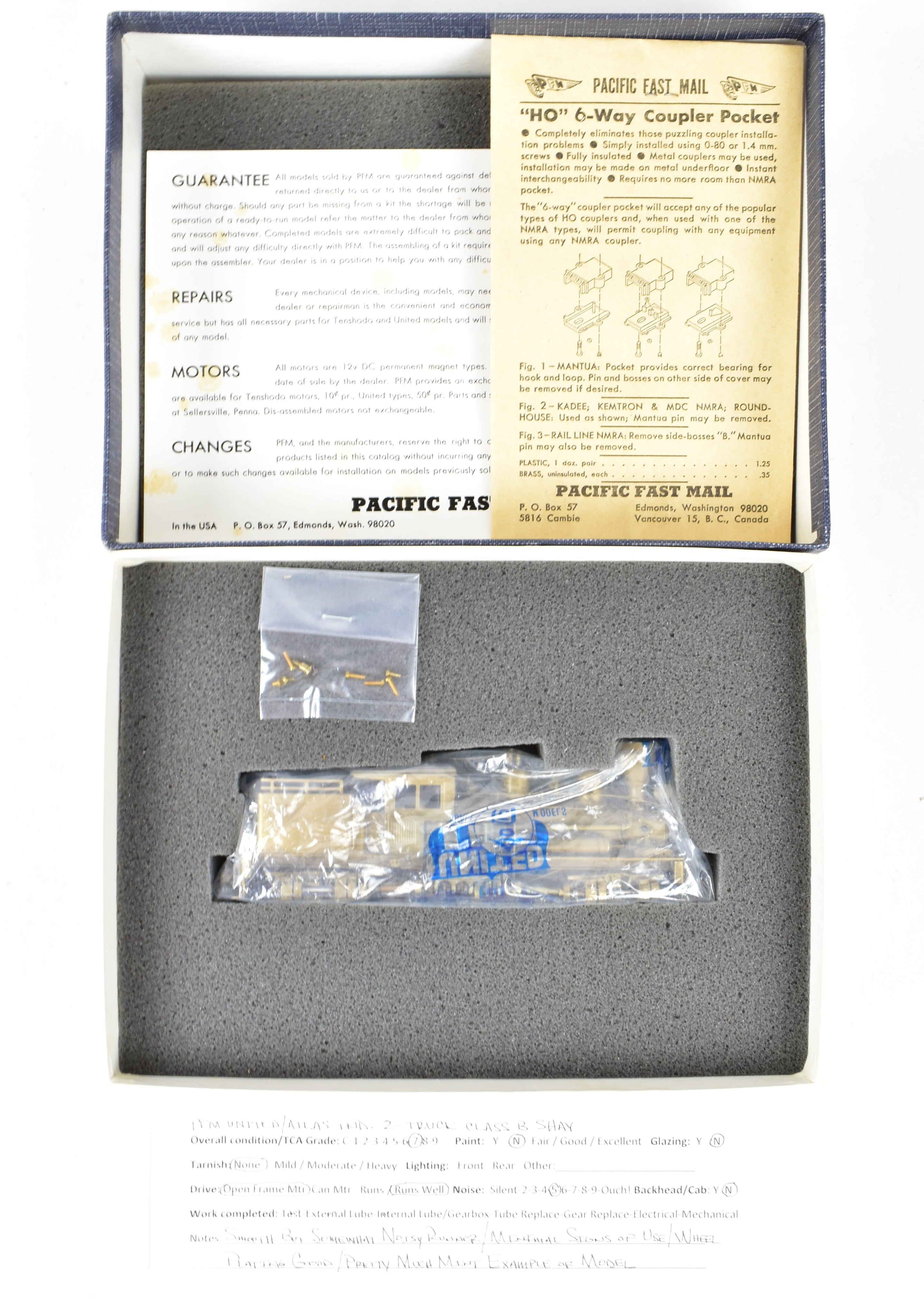 HO Scale Brass PFM - United 2-Truck Class B Shay Geared Locomotive Model for Logging Roads from the 1977 Production Run