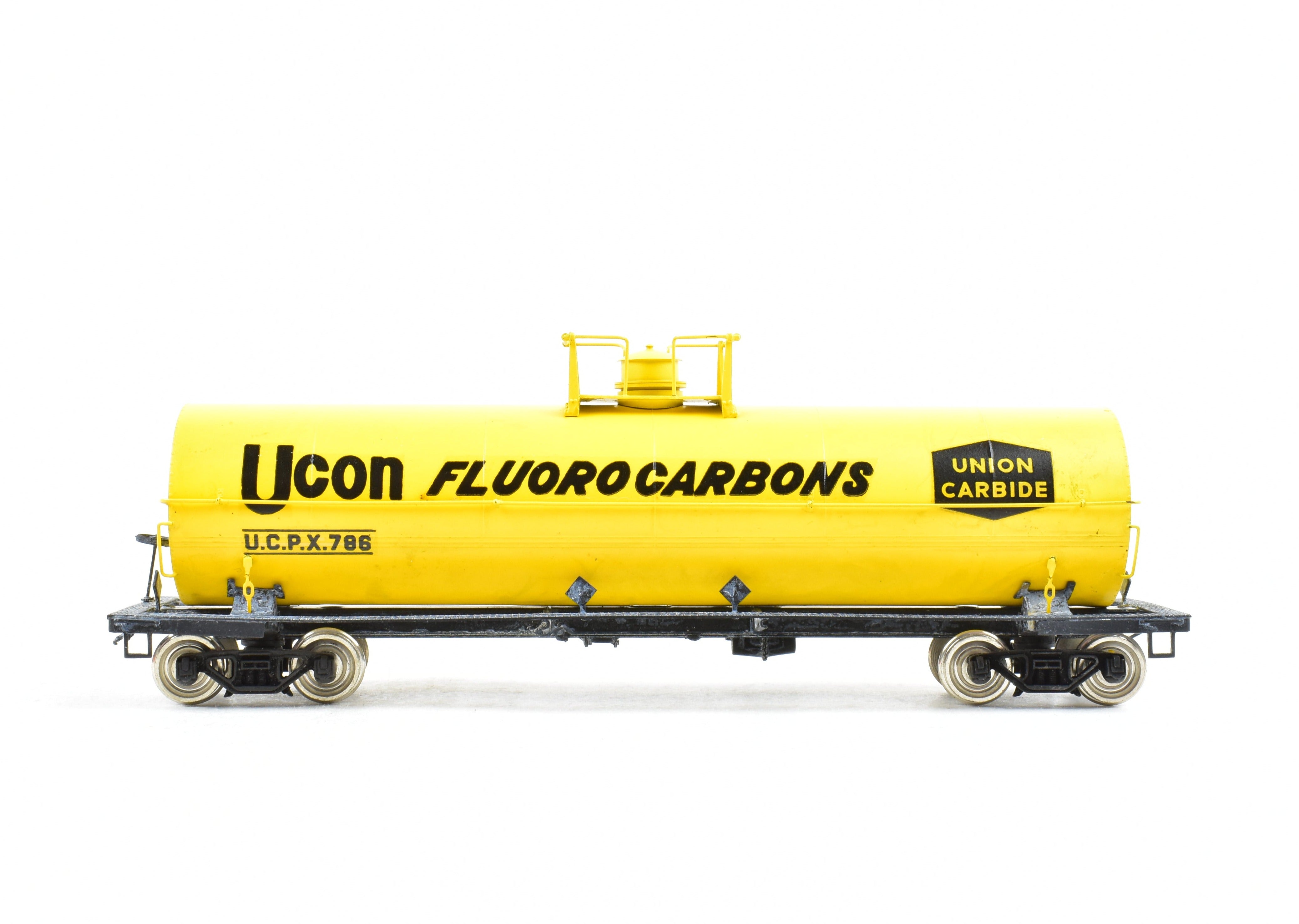 HO Scale Brass Precision Scale Co. (PSC) 12,000 Gallon Tank Car Factory-Painted in Yellow for Union Carbide, Various Roads Model