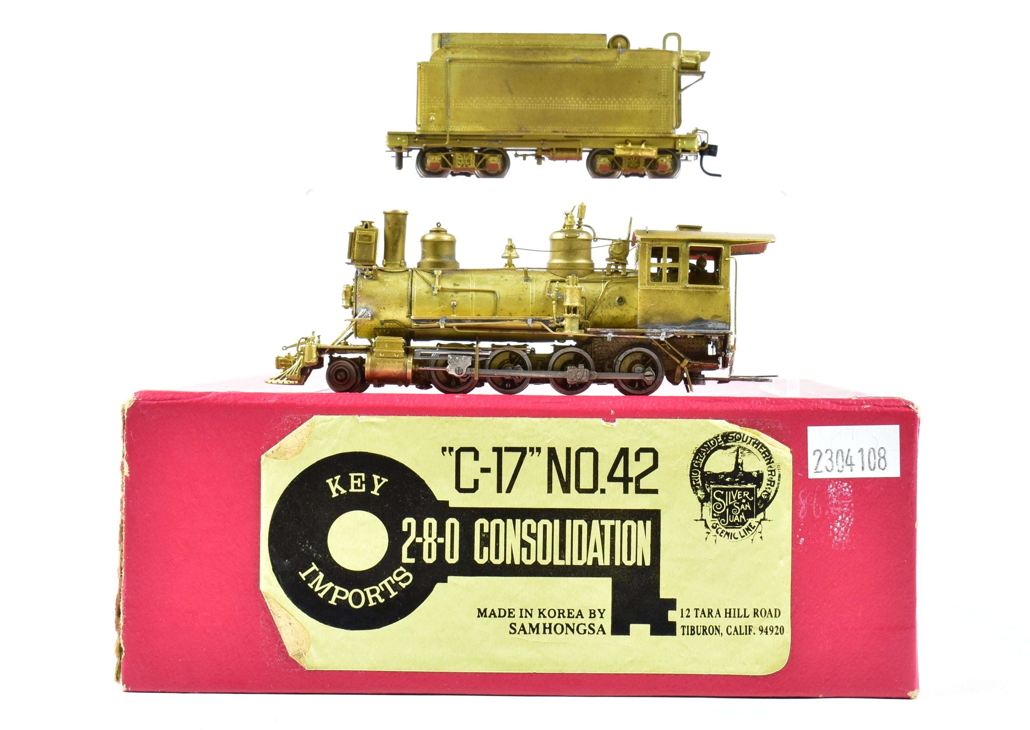 HOn3 Scale Brass Model Train - Key Imports RGS Rio Grande Southern C - 17 No. 42 2 - 8 - 0 Consolidation with Re - Motored Mechanism