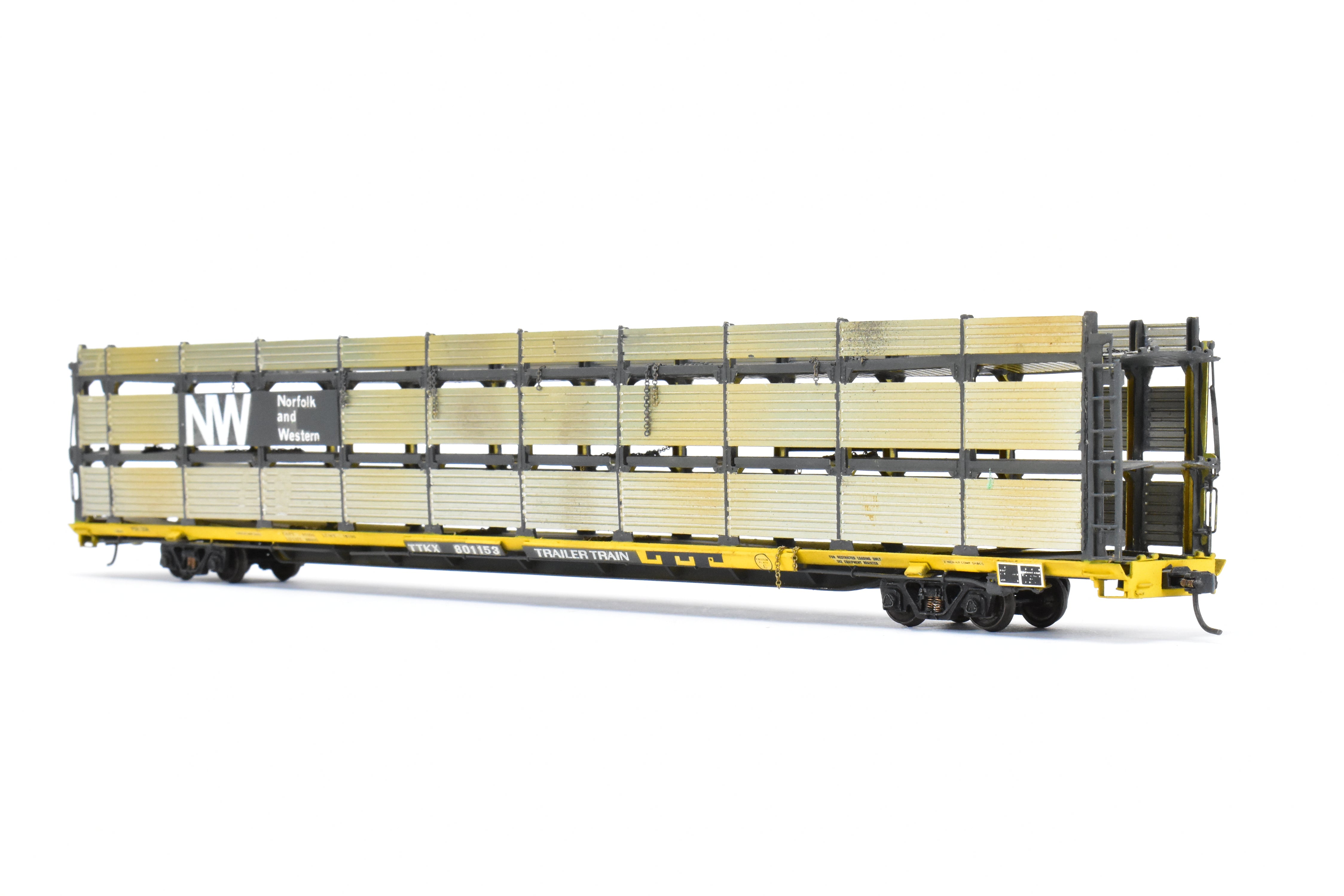 HO Scale Brass Model Tri-Level Auto Rack by Overland Models, Inc. (OMI) - Norfolk & Western Design with Pressed Sides, No Roof, C/P TTKX, and Lightly Weathered Appearance